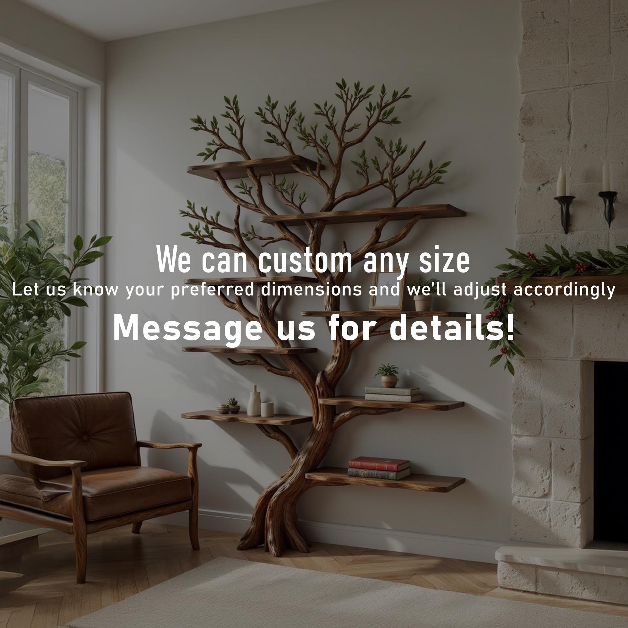 Driftwood corner bookshelf tree shelf art wall mount solid wood bookcase handmade furniture decor for home