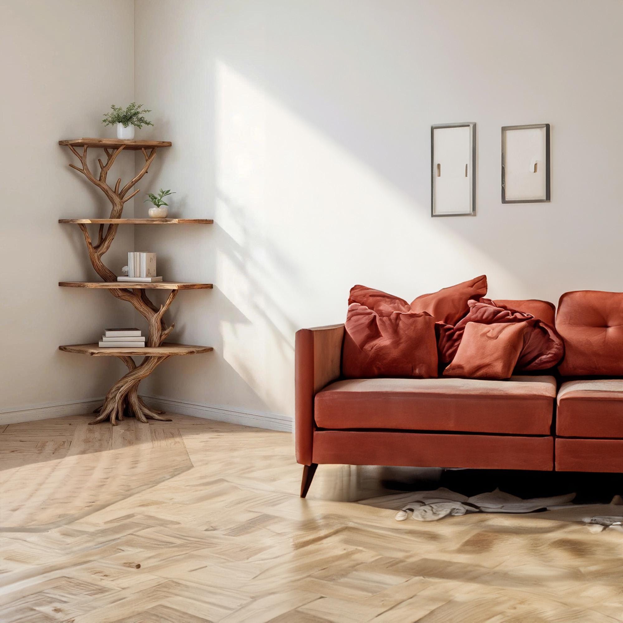 Tree book shelf corner wall shelves solid wood bookshelf driftwood branch floating bookshelves decor housewarming present