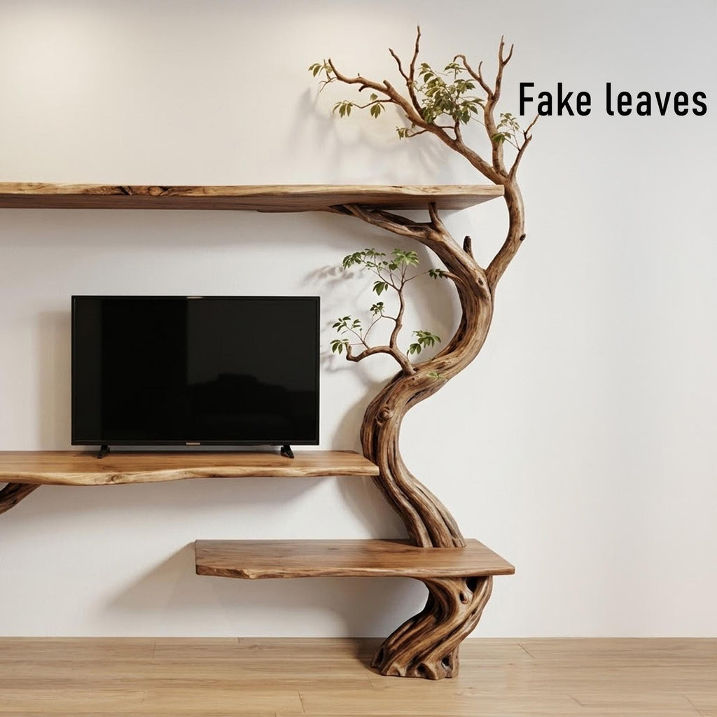 Tree branch tv stand solid wood bookshelf wall mounted live edge console table handmade entertainment center