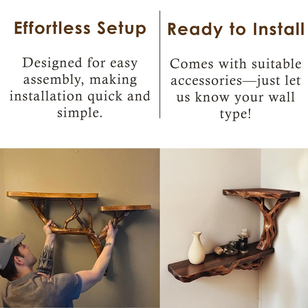 Corner floating bookshelf solid wood tree branch wall mount shelving handmade bookcase wood wall unique furniture decorations