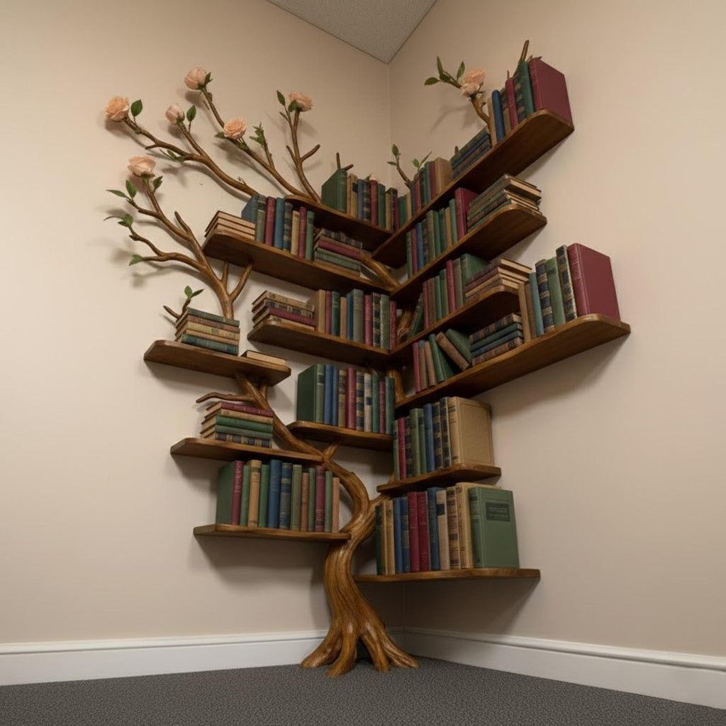 Corner driftwood tree bookshelf wall mount solid wood scupltured bookcase wood furniture decoration