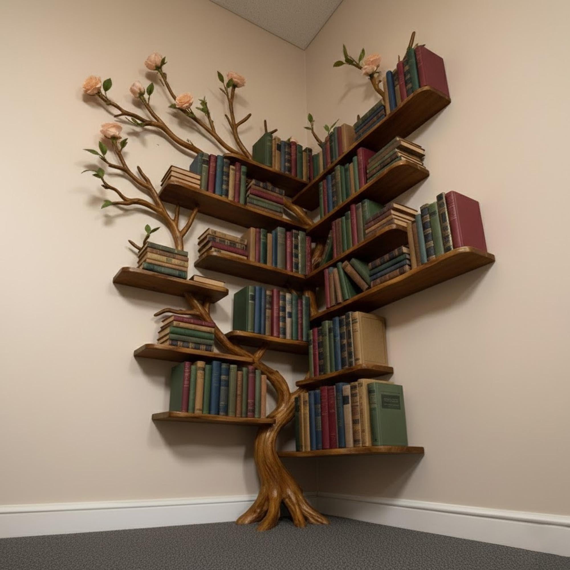 Corner driftwood tree bookshelf wall mount solid wood scupltured bookcase wood furniture decoration