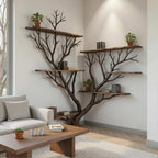 Tree branch corner floating bookshelf solid wood bookcase wall mount driftwood art decor