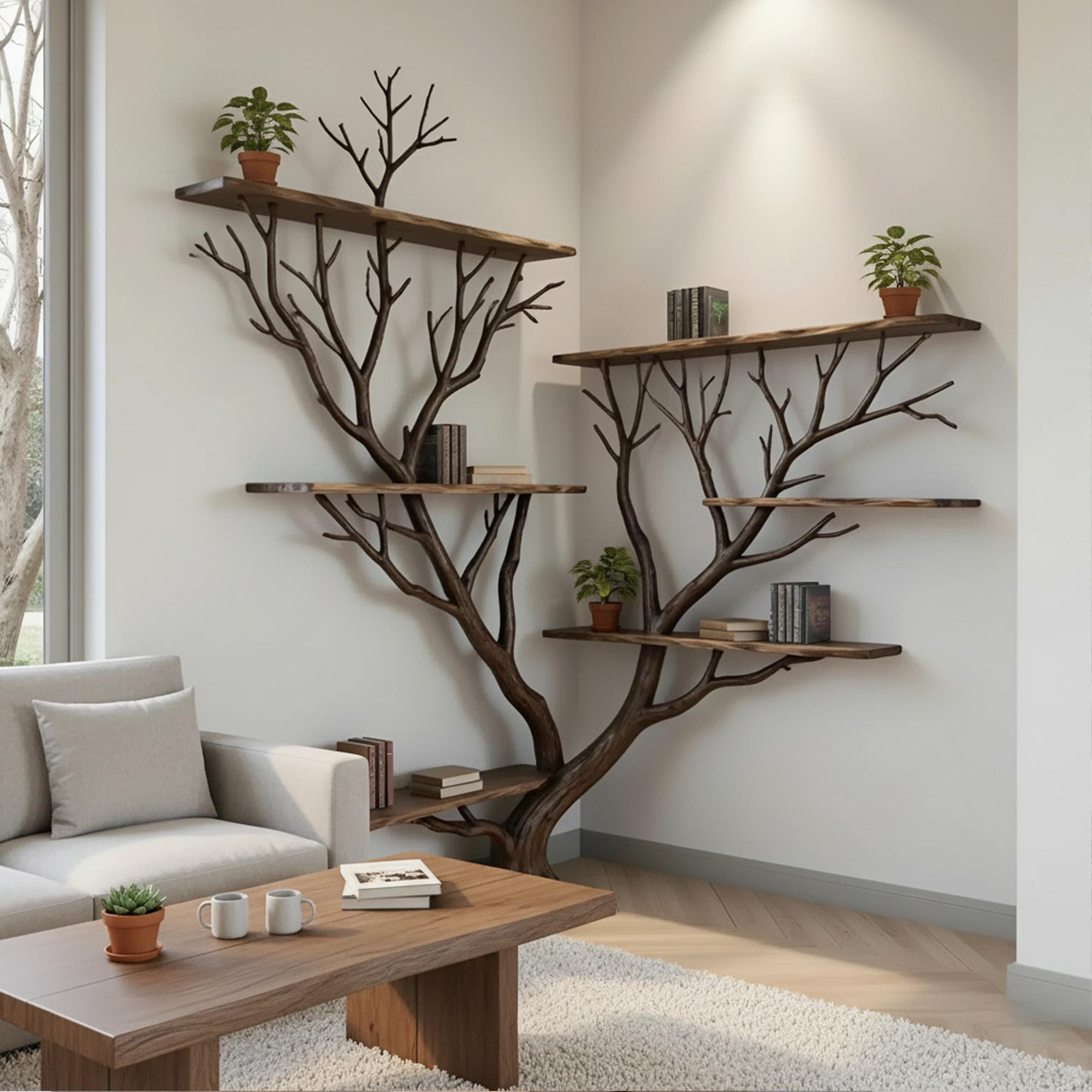 Tree branch corner floating bookshelf solid wood bookcase wall mount driftwood art decor