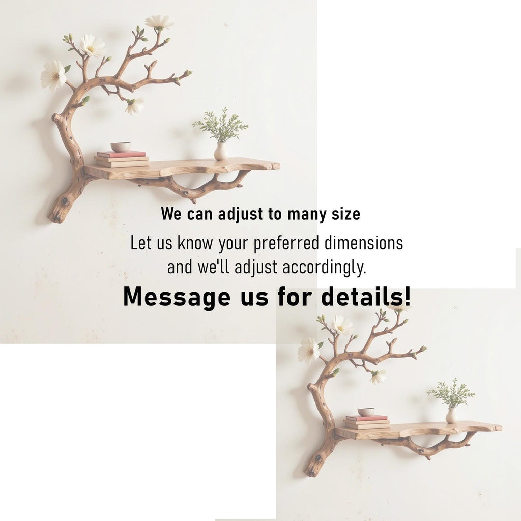 Floating book shelf driftwood branch on wall fake flowers live edge shelves decor for home
