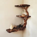 Corner floating bookshelf solid wood tree branch wall mount shelving handmade bookcase wood wall unique furniture decorations
