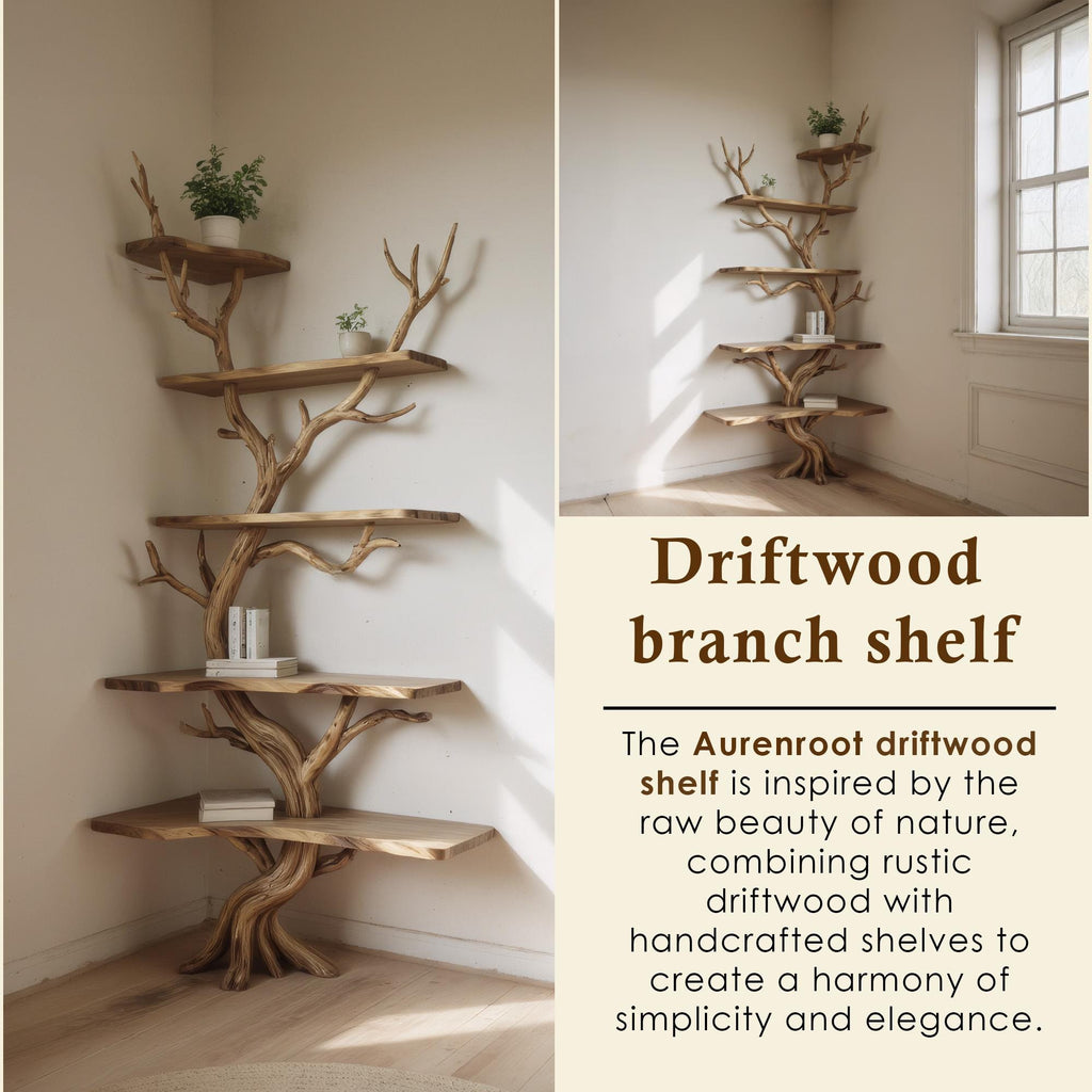 Corner driftwood shelf tree branch bookshelf floating shelf wall mount solid wood bookcase drift wood decor live edge shelves furniture