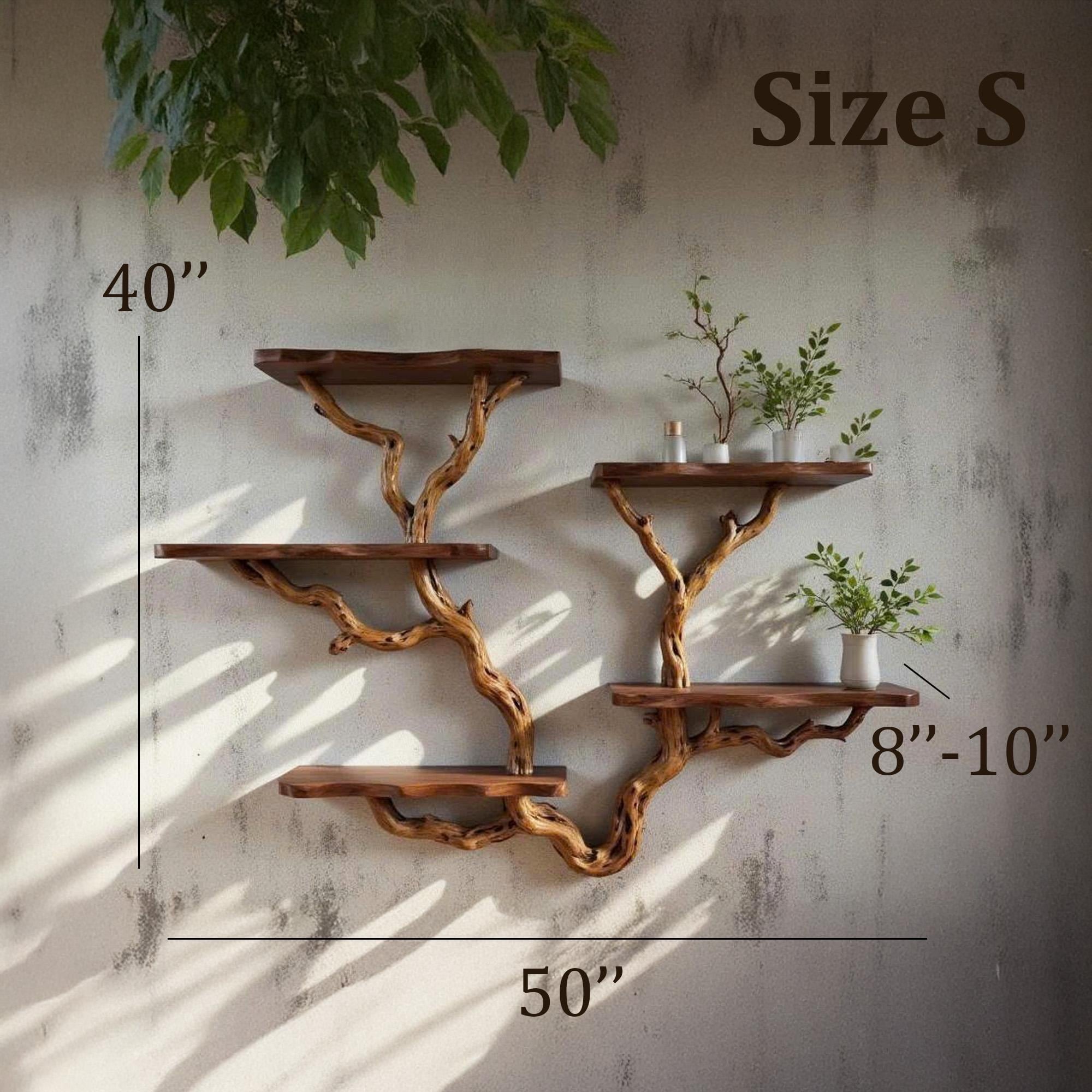 Driftwood floating tree bookshelf walnut color wall mount shelving bookcase solid wood live edge