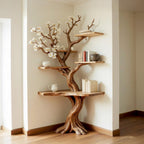 Tree corner floating bookshelf driftwood branch bookcase wood wall book shelving rustic corner shelf unique living room decoration