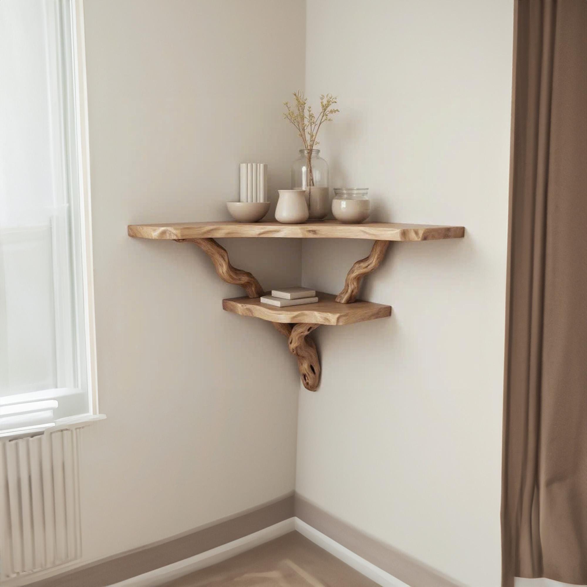 Floating corner shelf driftwood branch wall mounted shelf art bookshelf solid wood decor for home