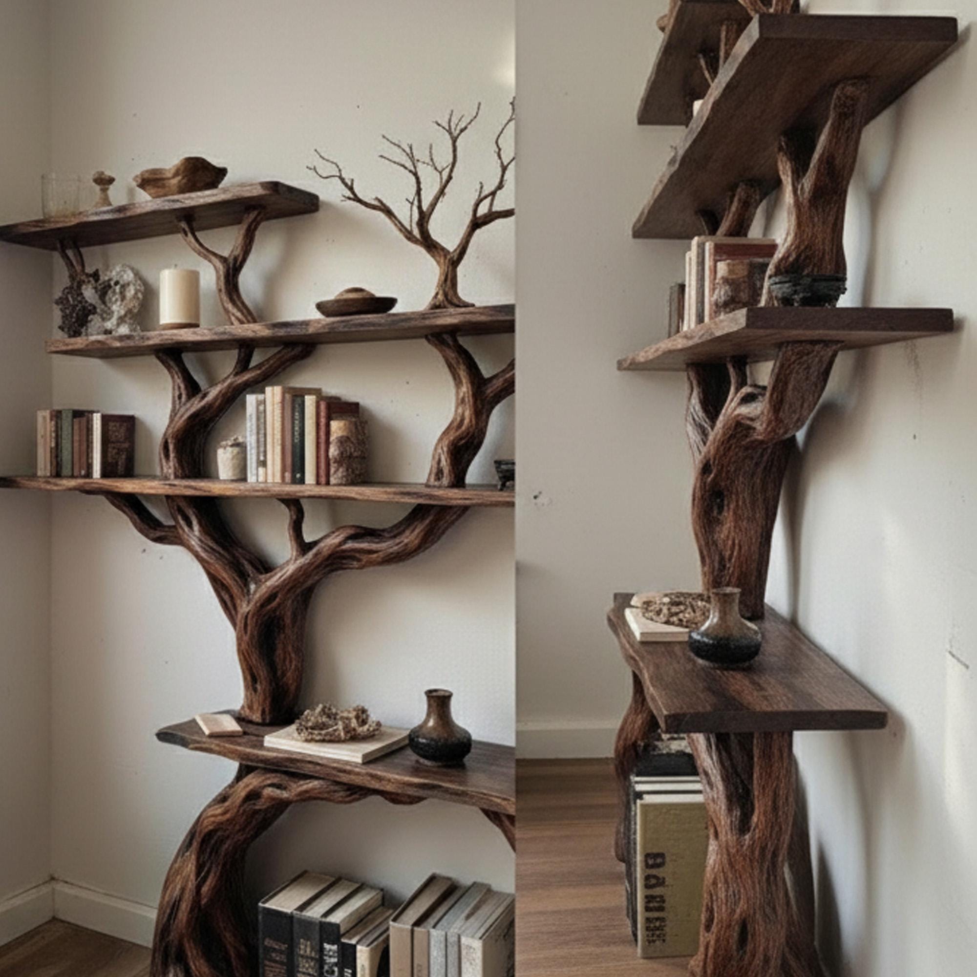 Tree branch bookcase solid wood bookshelf cabinet floating wall mount shelving rustic decoration