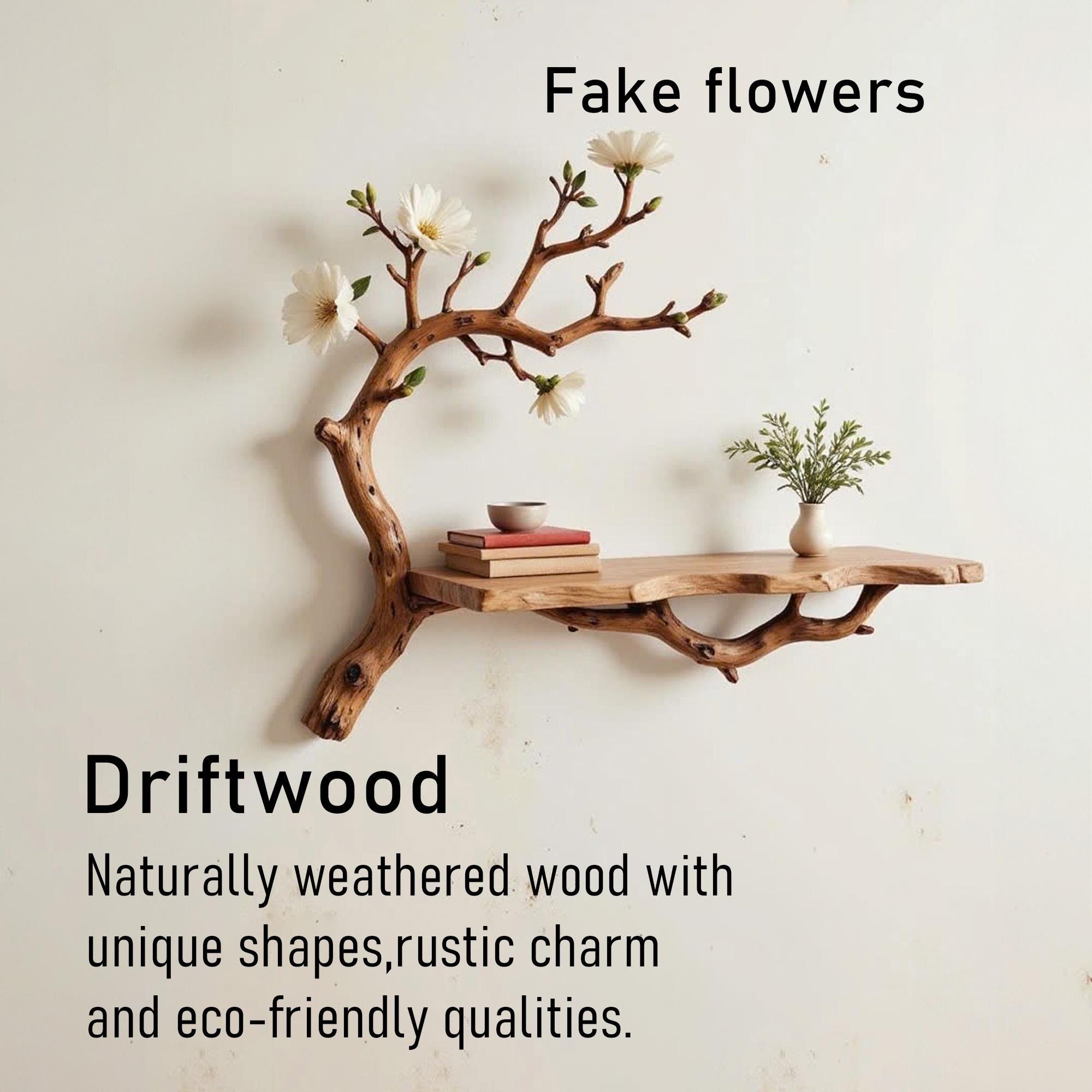 Floating book shelf driftwood branch on wall fake flowers live edge shelves decor for home