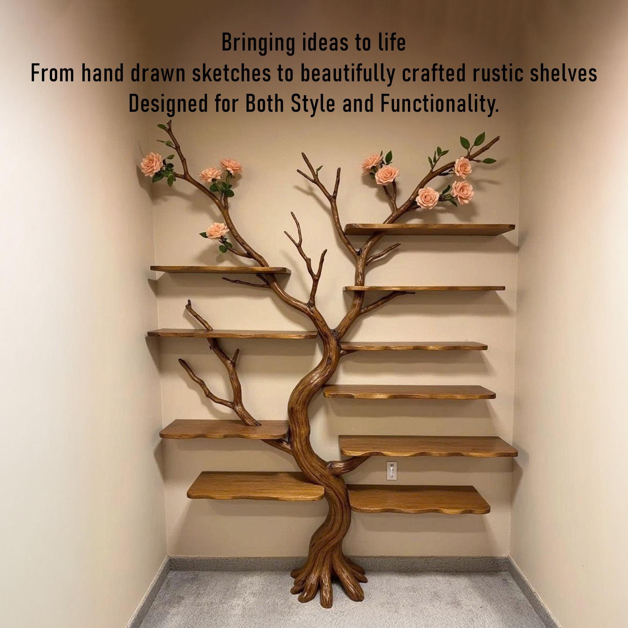 Tree bookshelf wall mount driftwood branch bookcase solid wood scupltured floating furniture