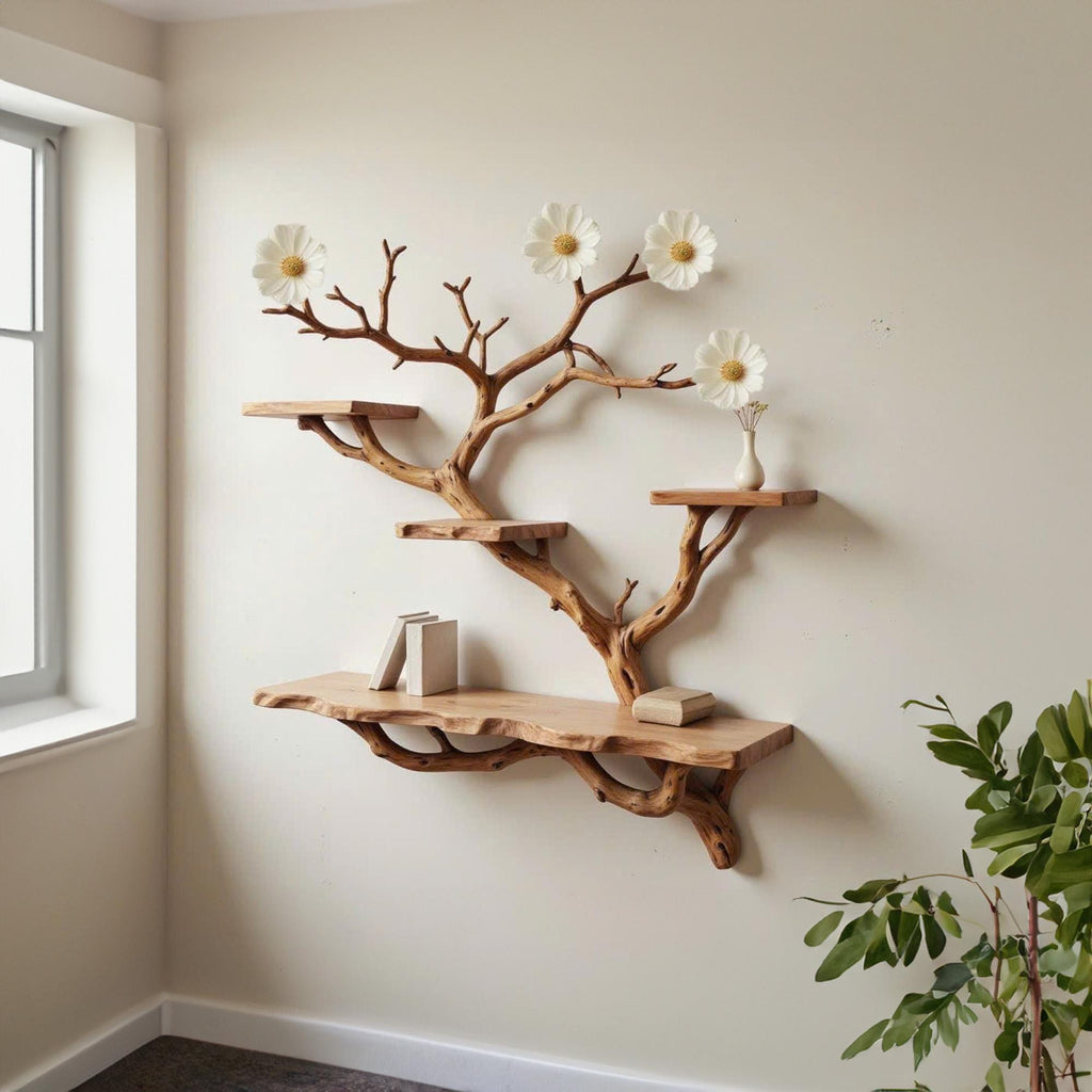 Floating tree bookshelf wall mount solid wood unique shelving driftwood branch wall art