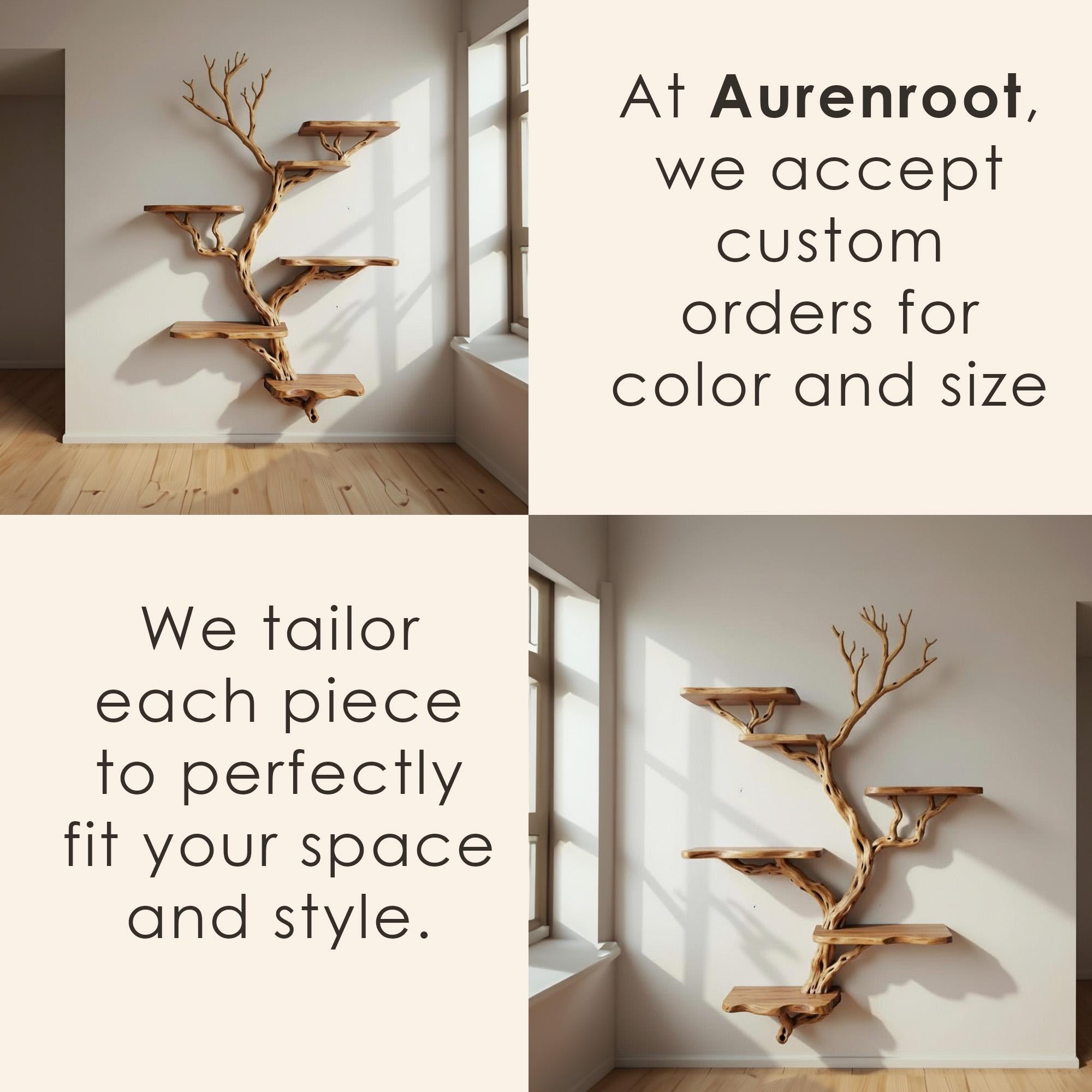 Driftwood branch floating book shelf wall mount solid wood bookcase tree branch wall art