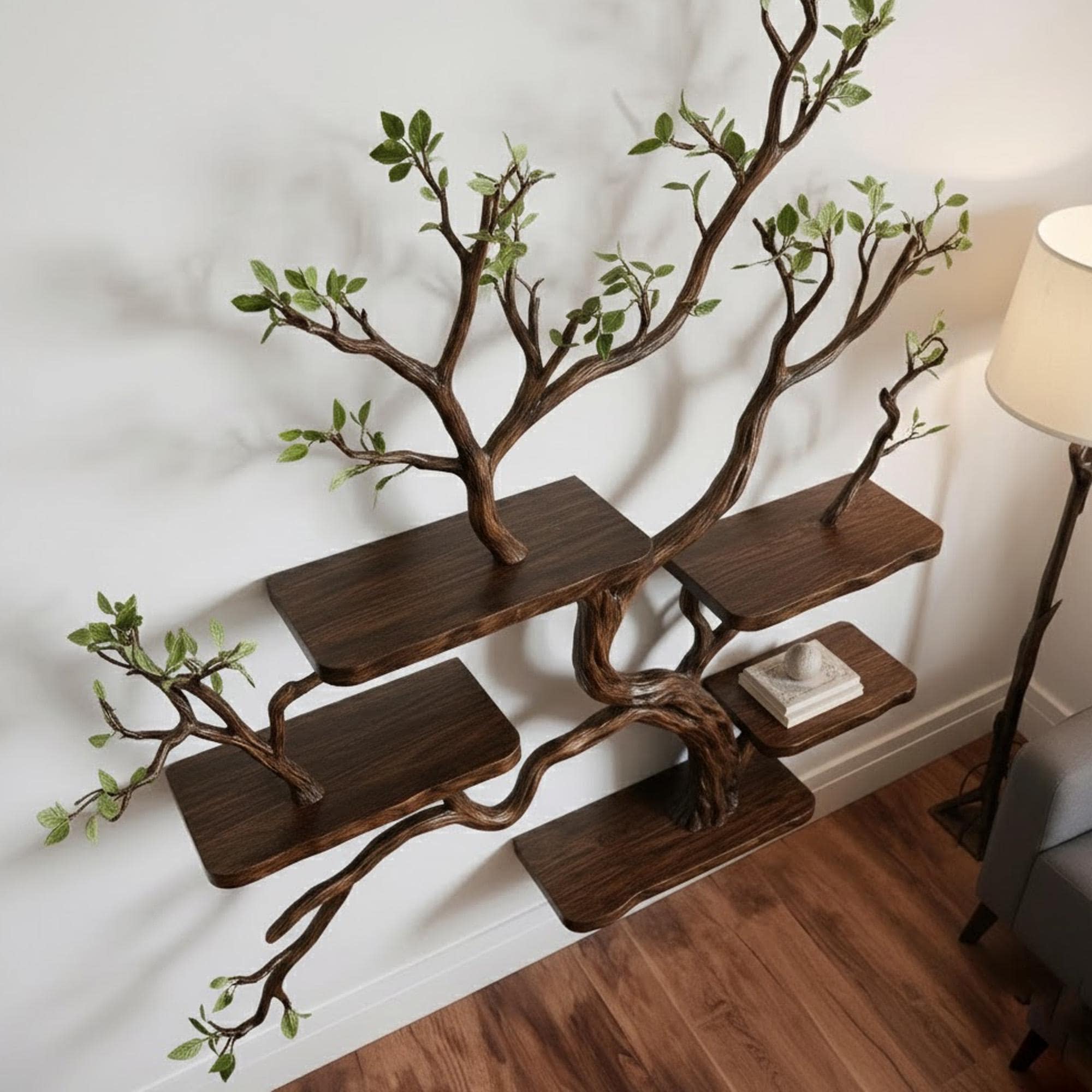 Floating tree branch book shelf on wall live edge floating shelves art bookshelf solid wood for home decor