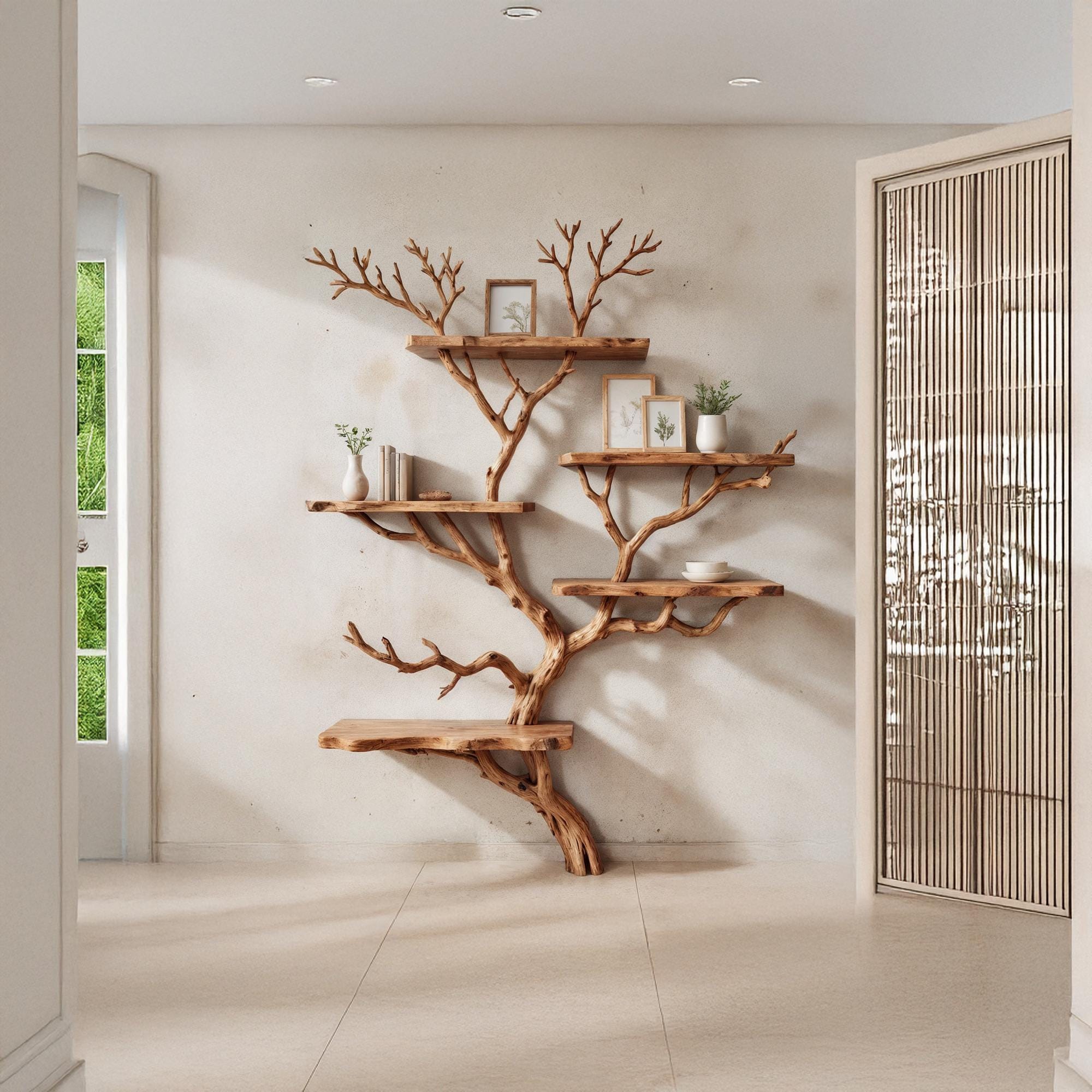 Driftwood branch shelf tree bookshelf wall mounted bookshelves art solid wood bookcase home decor for entryway space