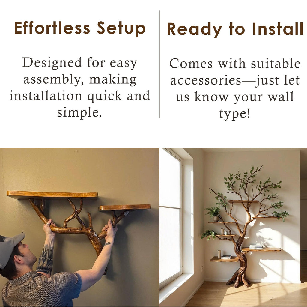 Driftwood branch bookshelf tree floating shelf solid wood bookcase home decor for living room