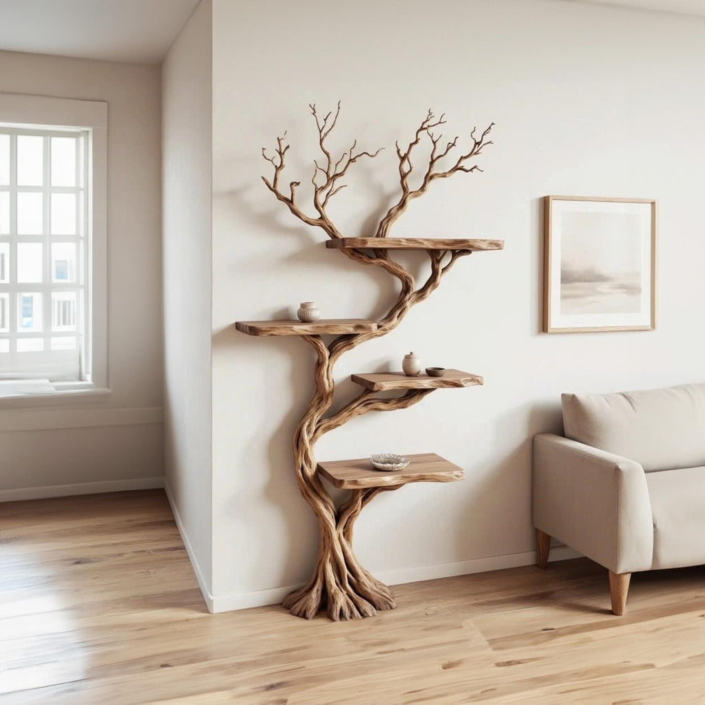 Tree branch bookshelf solid wood floating live edge wood shelves wall mount driftwood carving art rustic decor