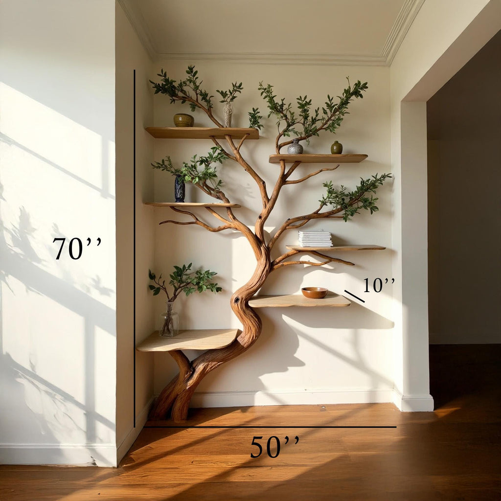 Driftwood corner shelf tree branch bookshelf art decor solid wood bookcase home