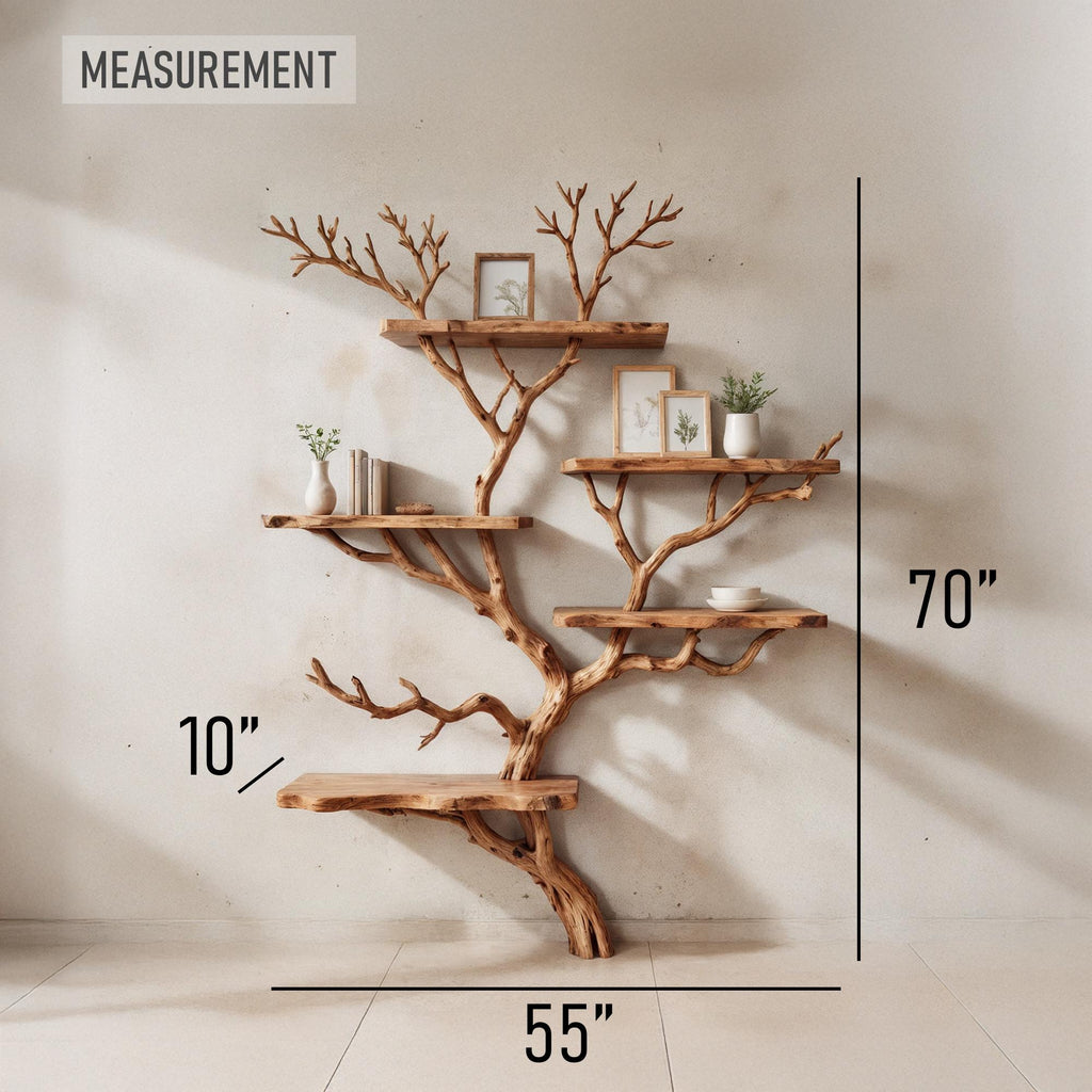 Driftwood branch shelf tree bookshelf wall mounted bookshelves art solid wood bookcase home decor for entryway space