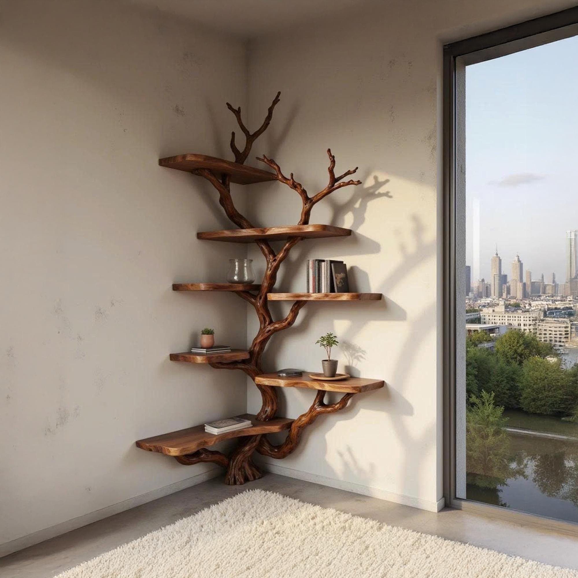 Tree corner bookshelf driftwood branch shelf solid wood bookcase on wall art home decor
