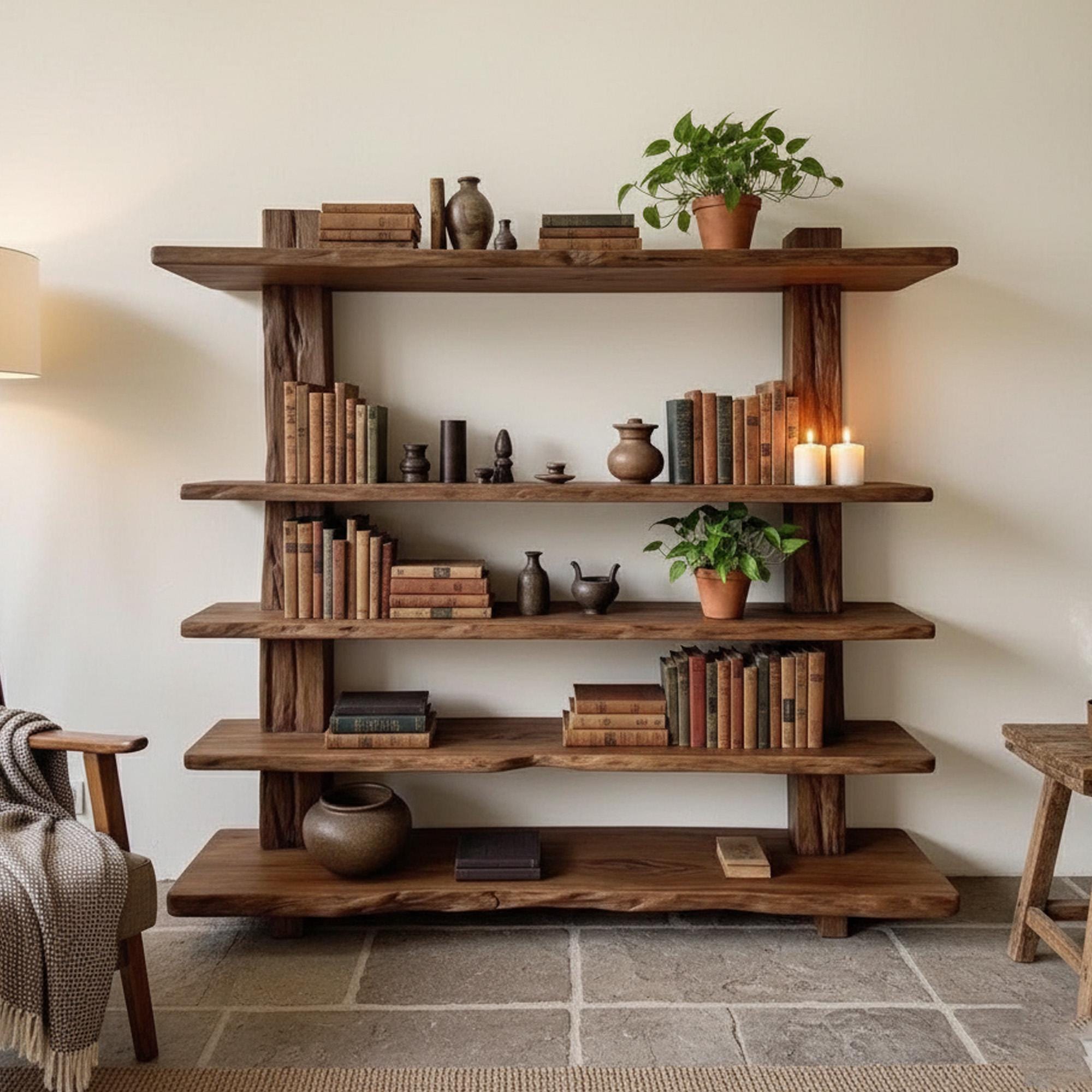 Solid wood bookcase wall mount driftwood bookshelf cabinet mid century shelving display