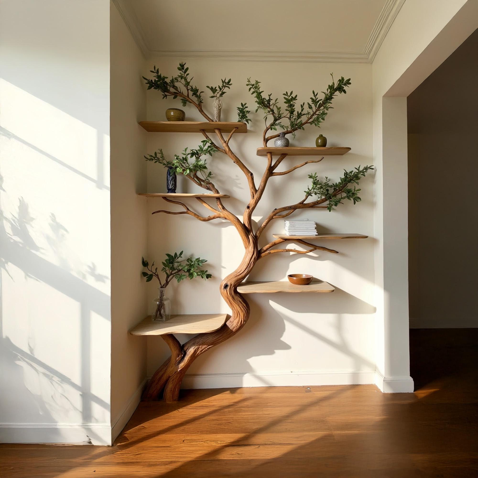 Driftwood corner shelf tree branch bookshelf art decor solid wood bookcase home