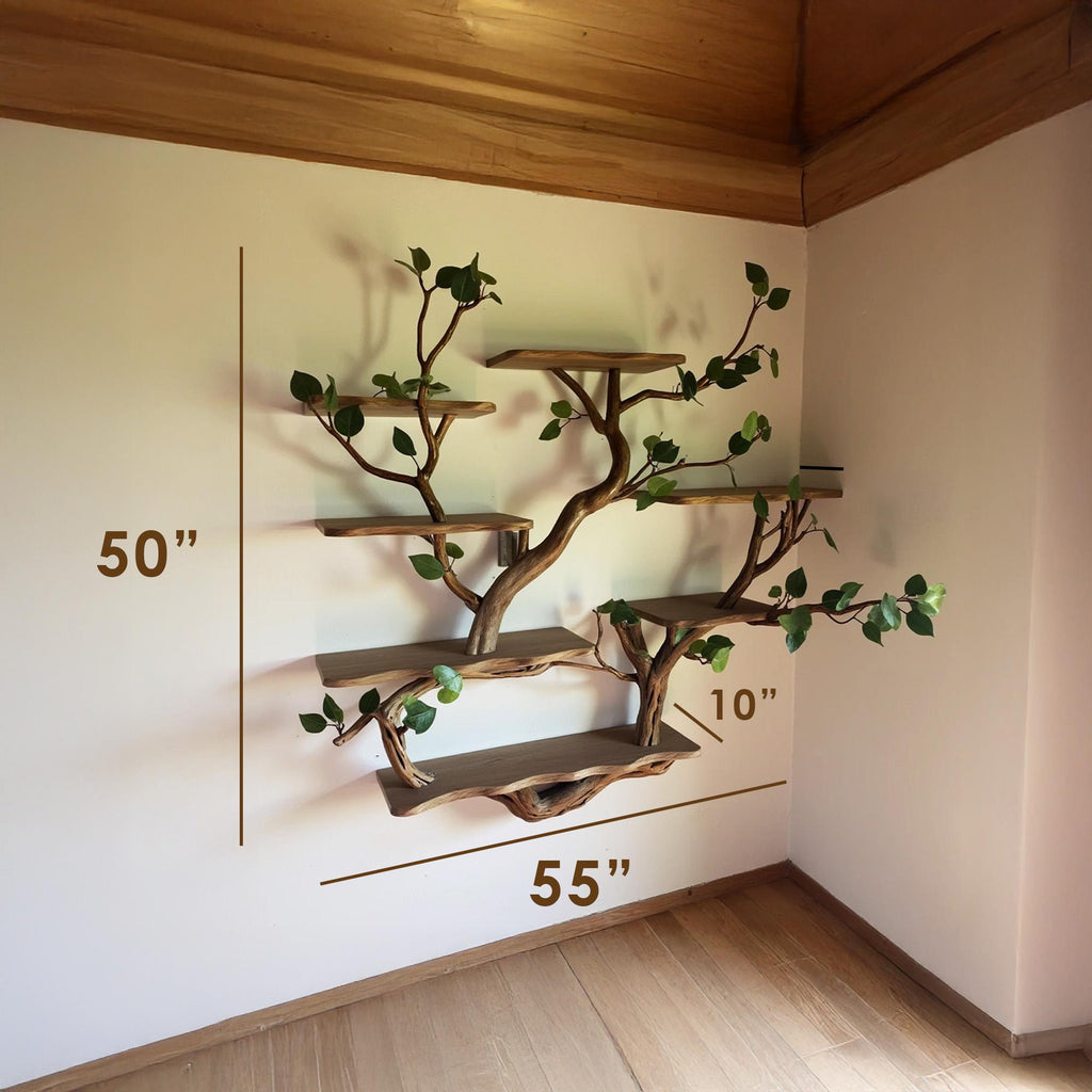 Floating shelf driftwood branch bookcase tree bookshelf wall mount solid wood shelves art decor home for living room