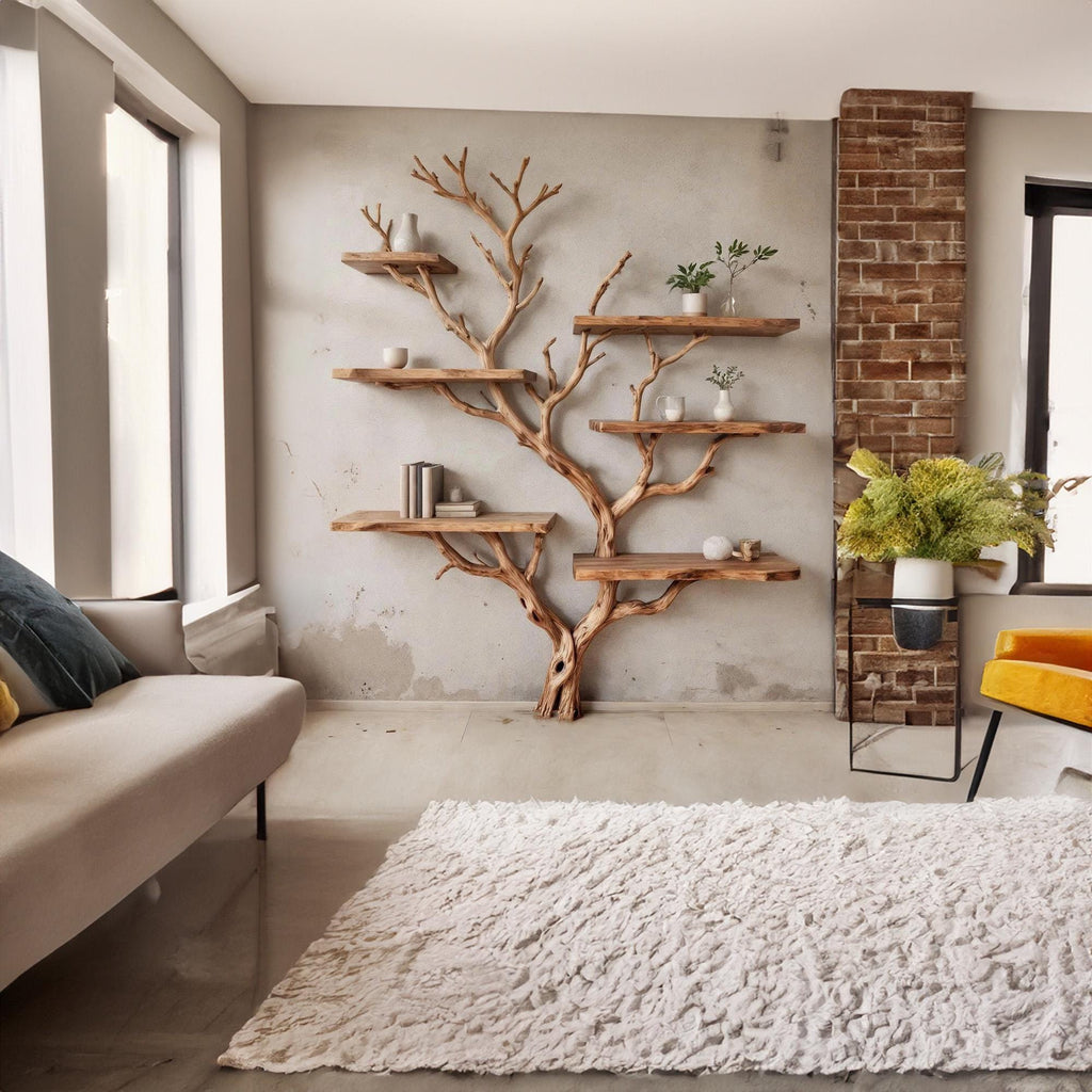 Tree branch bookshelves on wall natural wood bookcase floor bookshelf driftwood wall art unique handcrafted