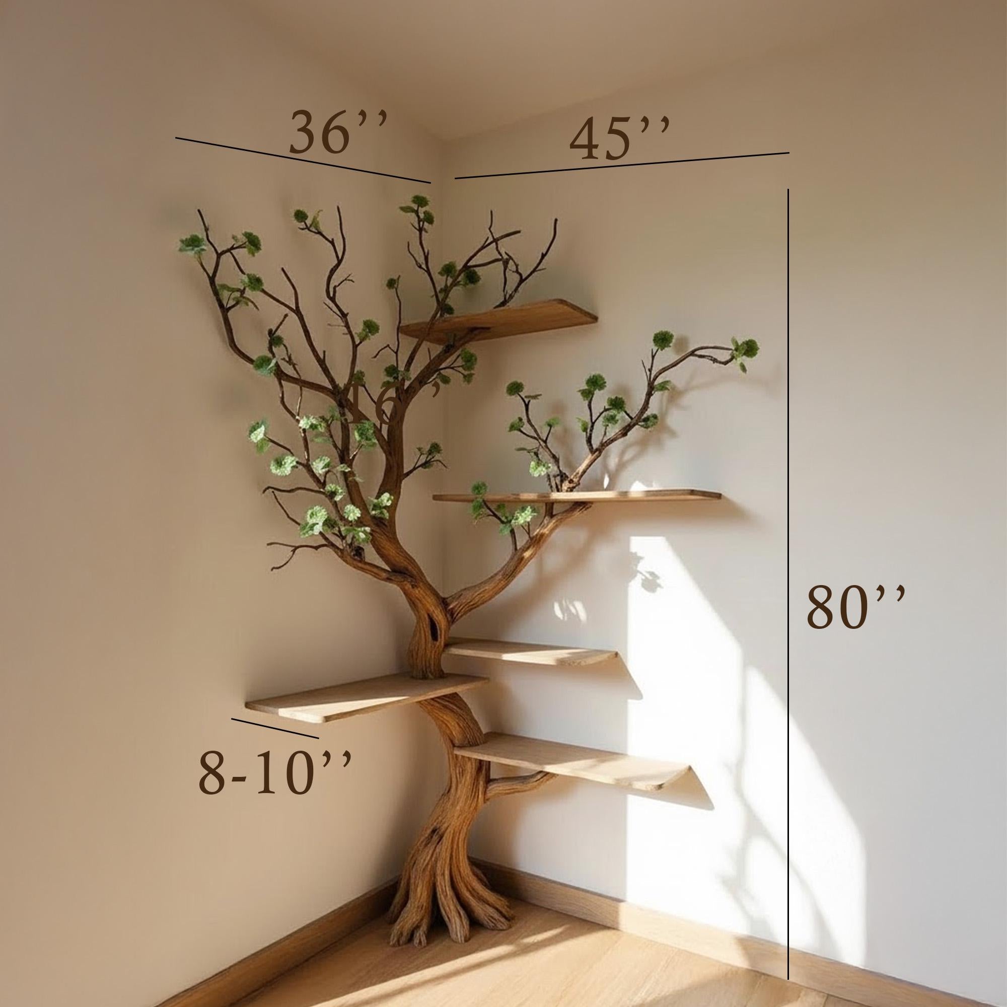 Corner tree branch book shelf standing bookcase solid wood floating shelves on wall driftwood shelving art