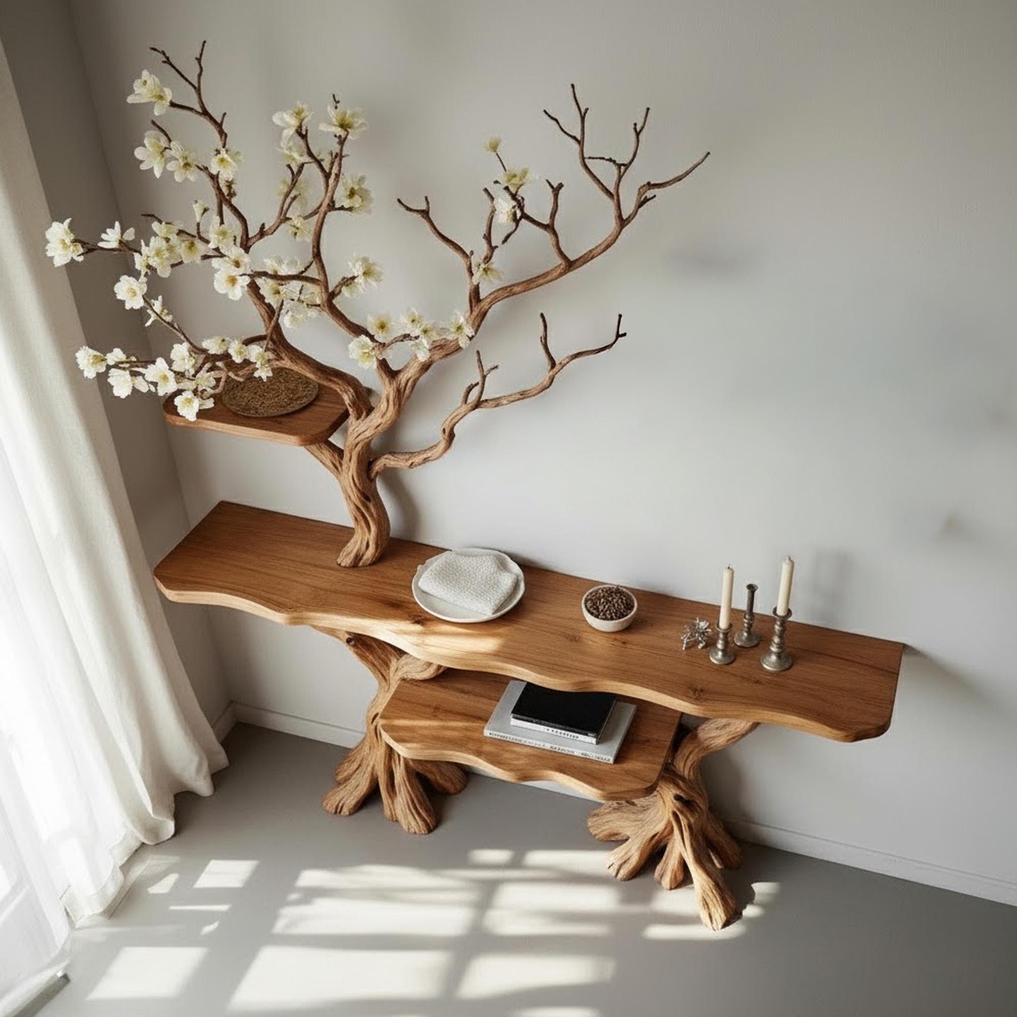 Tree branch console table driftwood side table solid wood entry table tree bookshelf display stand bookcase