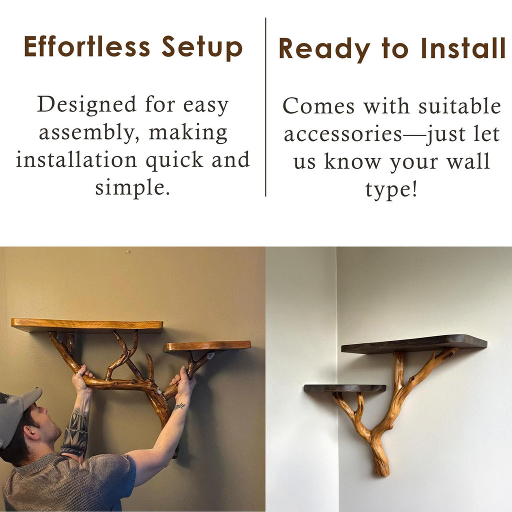 Wood corner floating bookshelf tree branch driftwood wall mount shelving branch shelf art handmade furniture