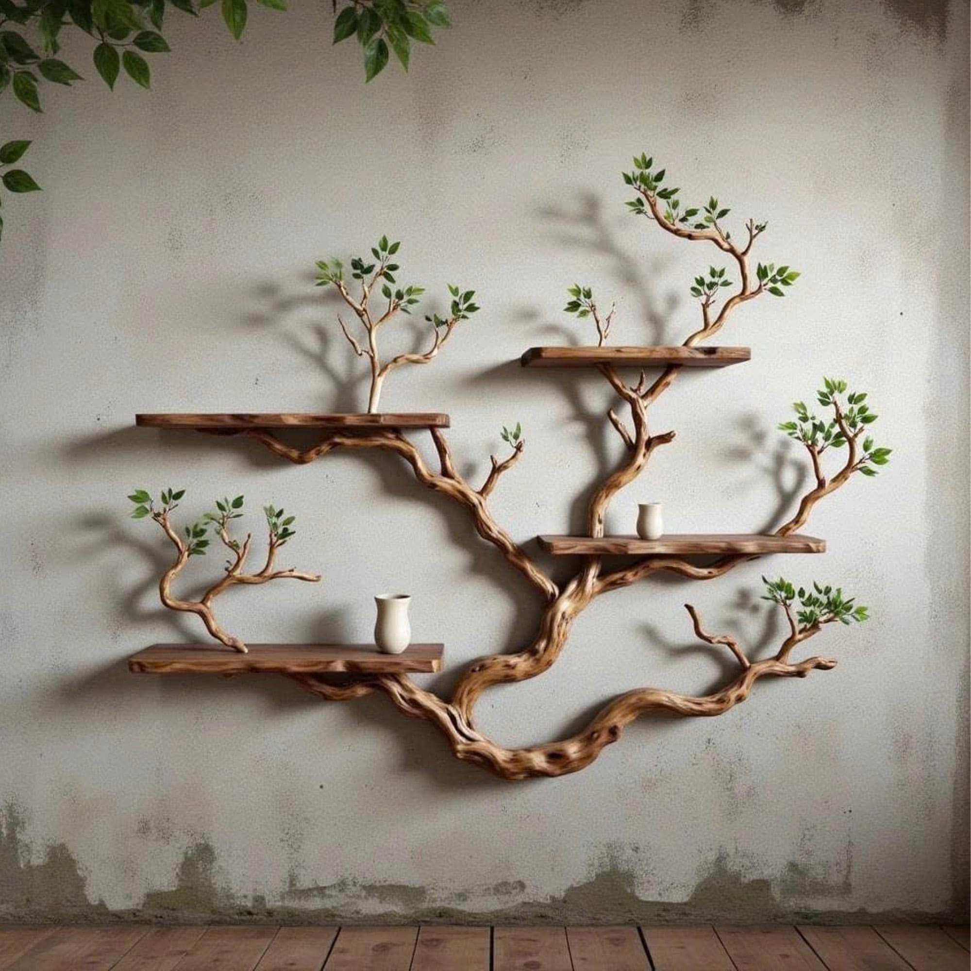 Floating bookshelf tree branch book shelf solid wood wall mounted shelves fake leaf bookcase decor