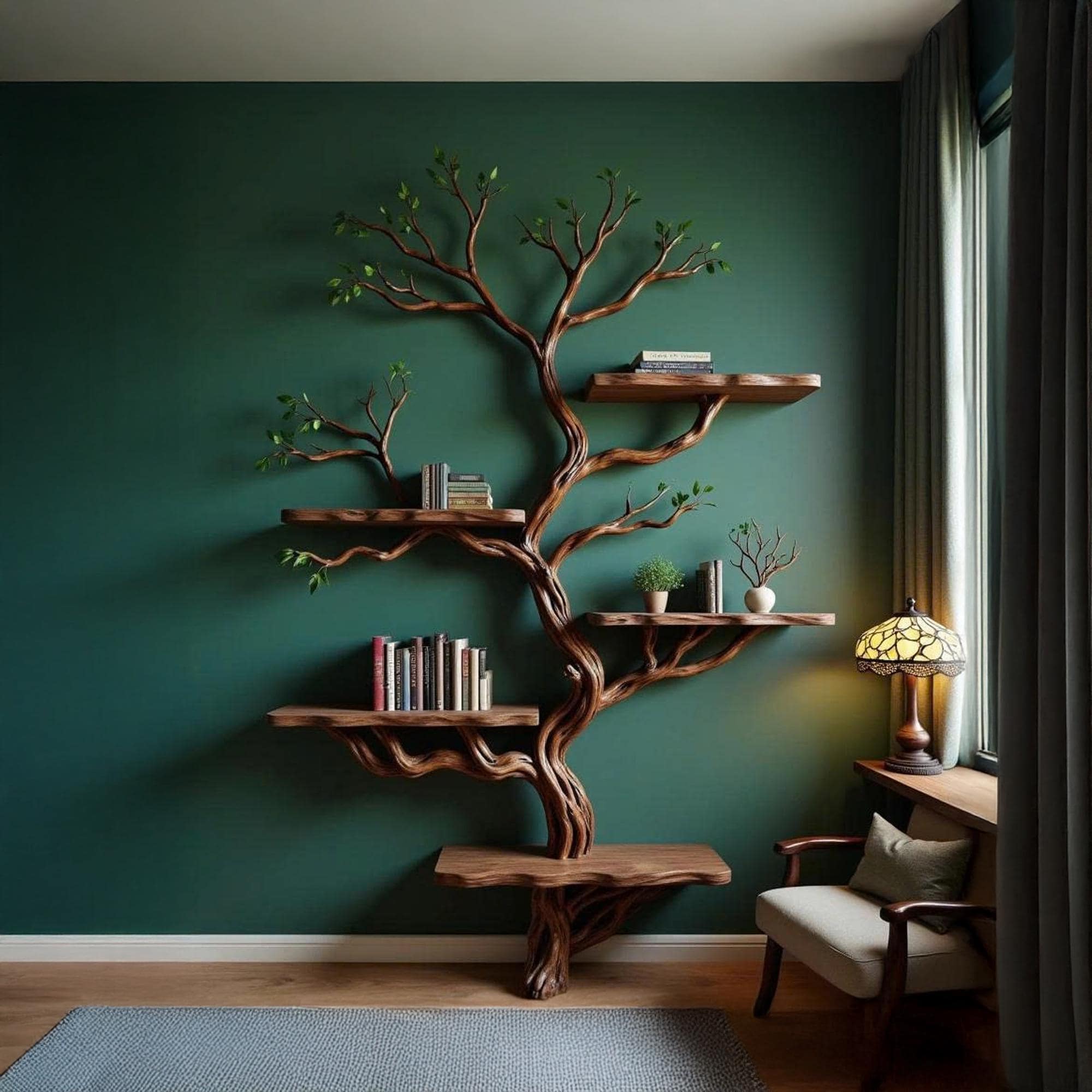 Driftwood branch tree floating shelf bookshelf solid wood bookcase home decor for living room