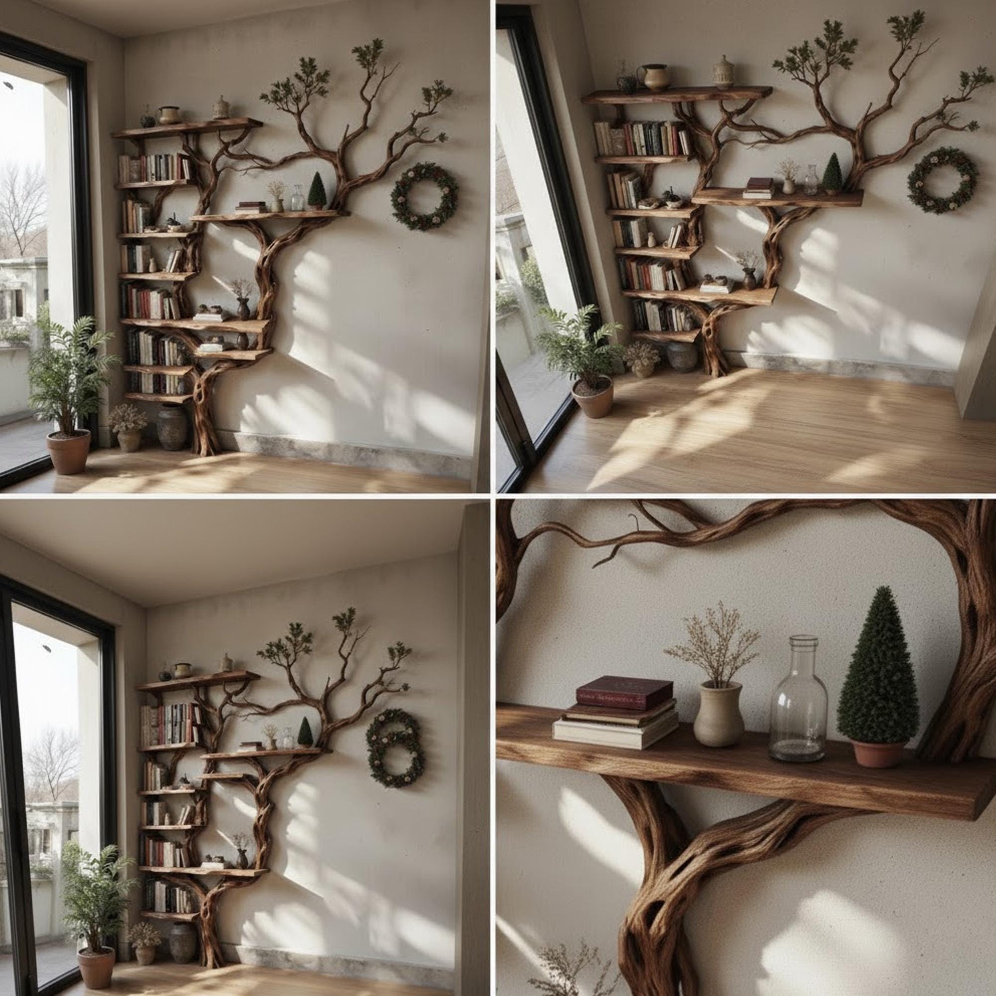Corner dark tree bookshelf antique driftwood branch  solid wood bookcase floor standing wall mount shelf