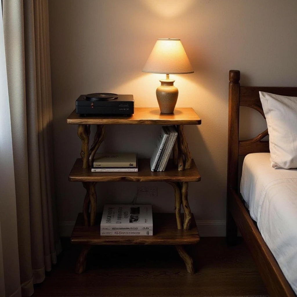Natural driftwood bookcase nightstand tree branch bookshelf rustic shelving bedside table bedroom furniture