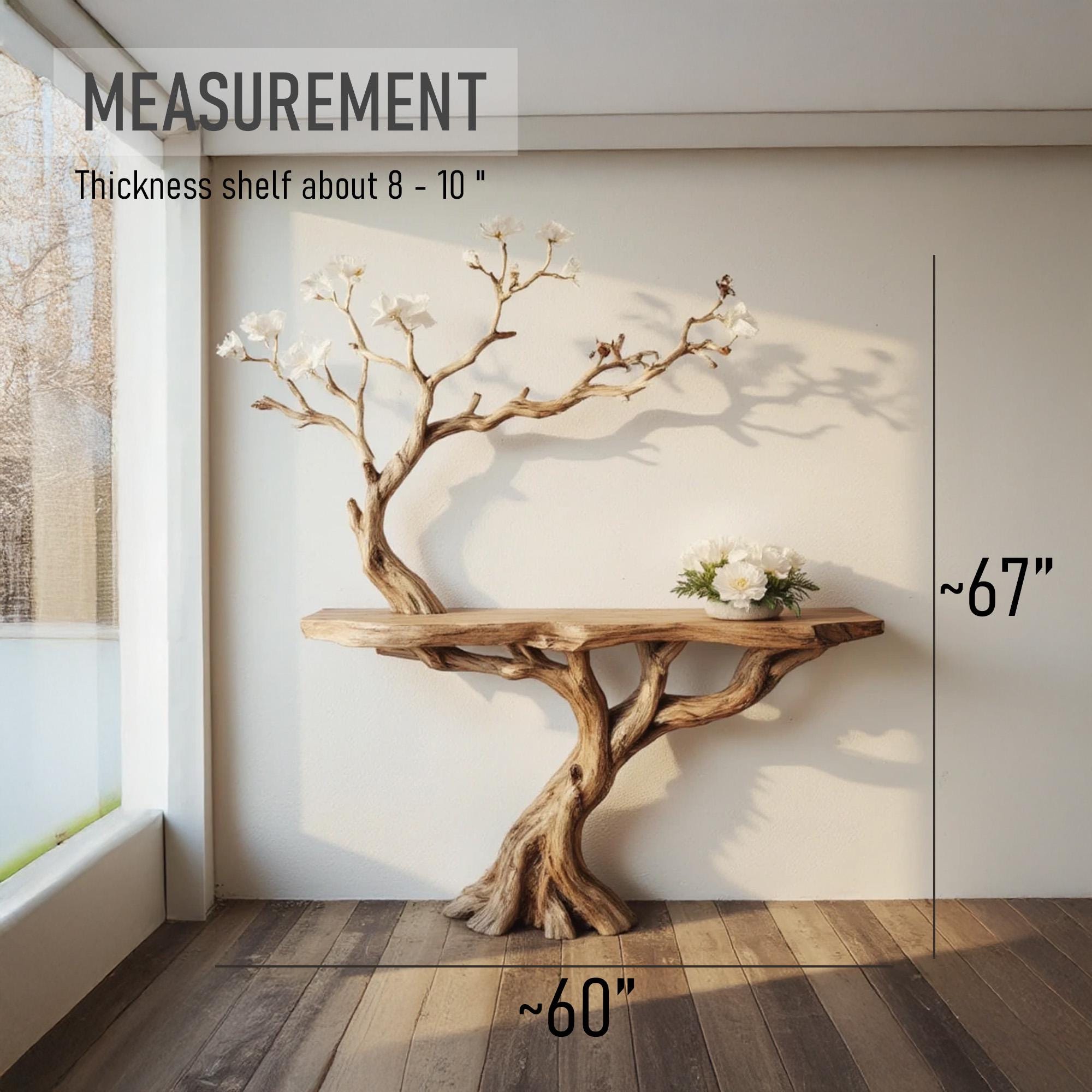 Wood console table natural tree branch driftwood entryway table branch floating bookshelf rustic handmade furniture