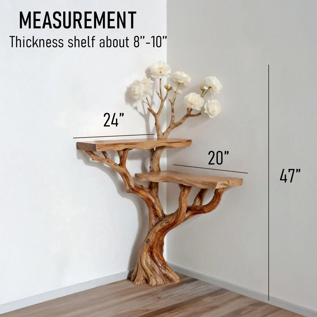 Corner floating console table tree branch driftwood entryway table solid wood plant stand rustic handmade furniture