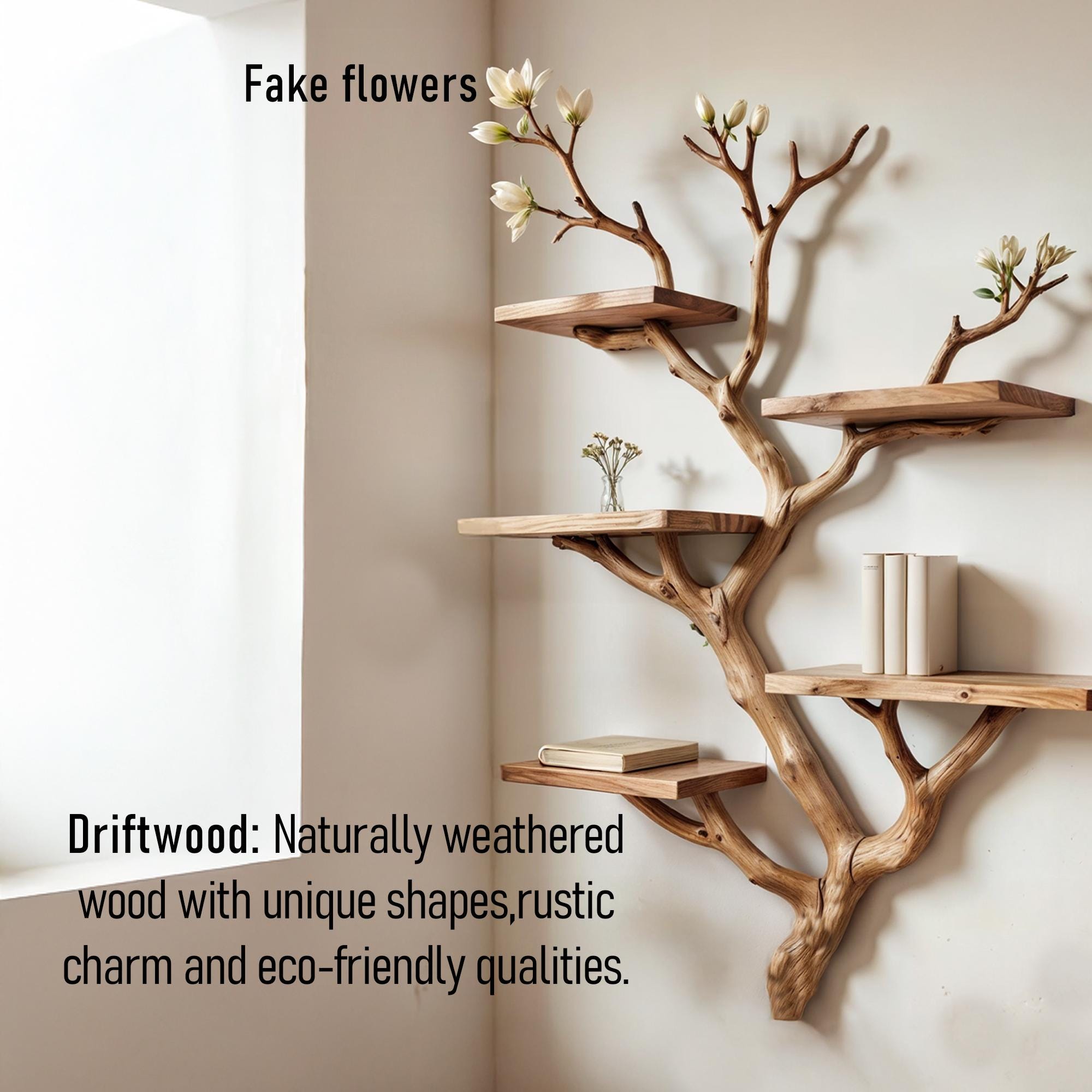 Natural tree bookshelf driftwood branch shelf art solid wood bookshelf floating shelf wall mount bookshelf decor