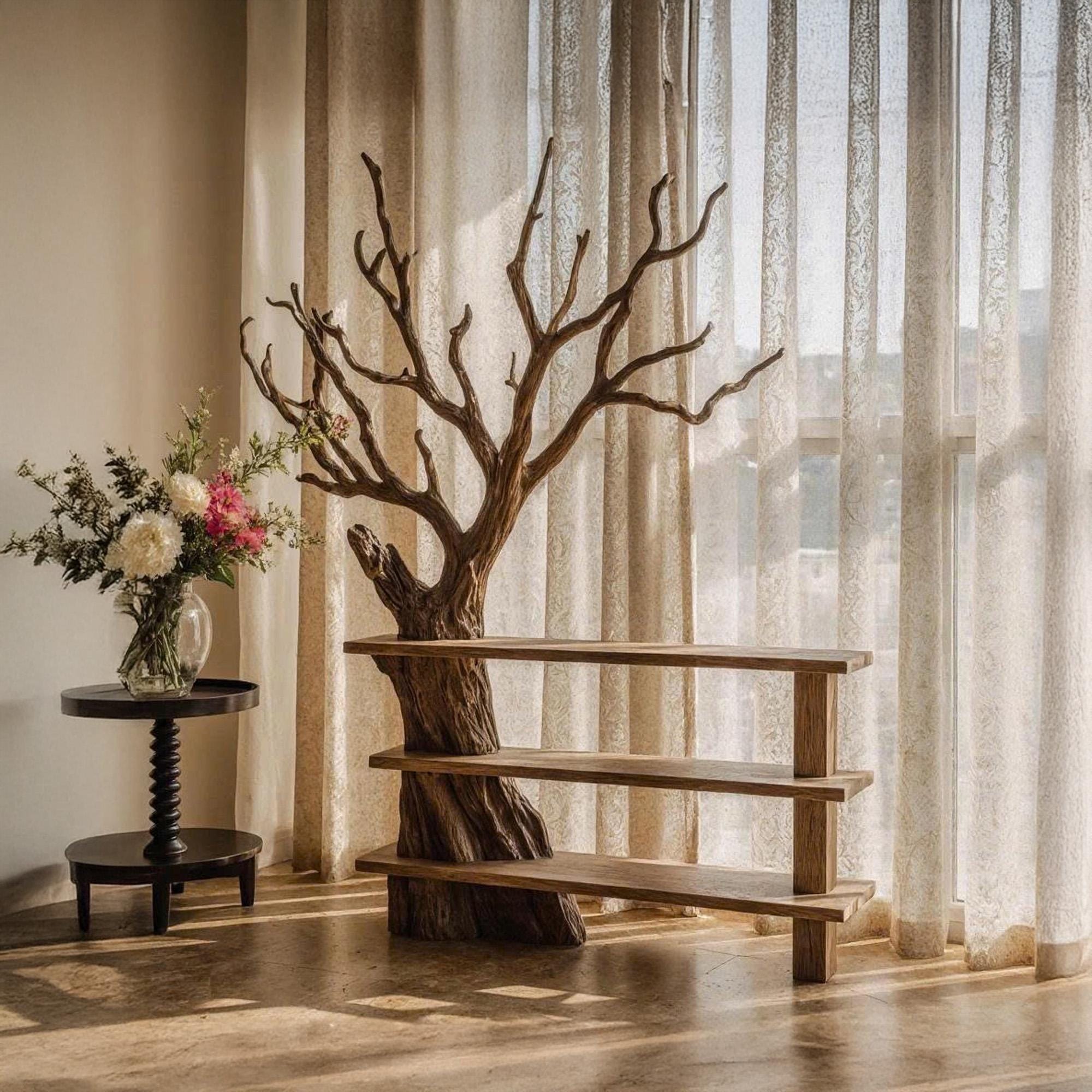 Tree branch bookcase solid wood free standing shelf live edge wood shelves art rustic bookshelf decoration