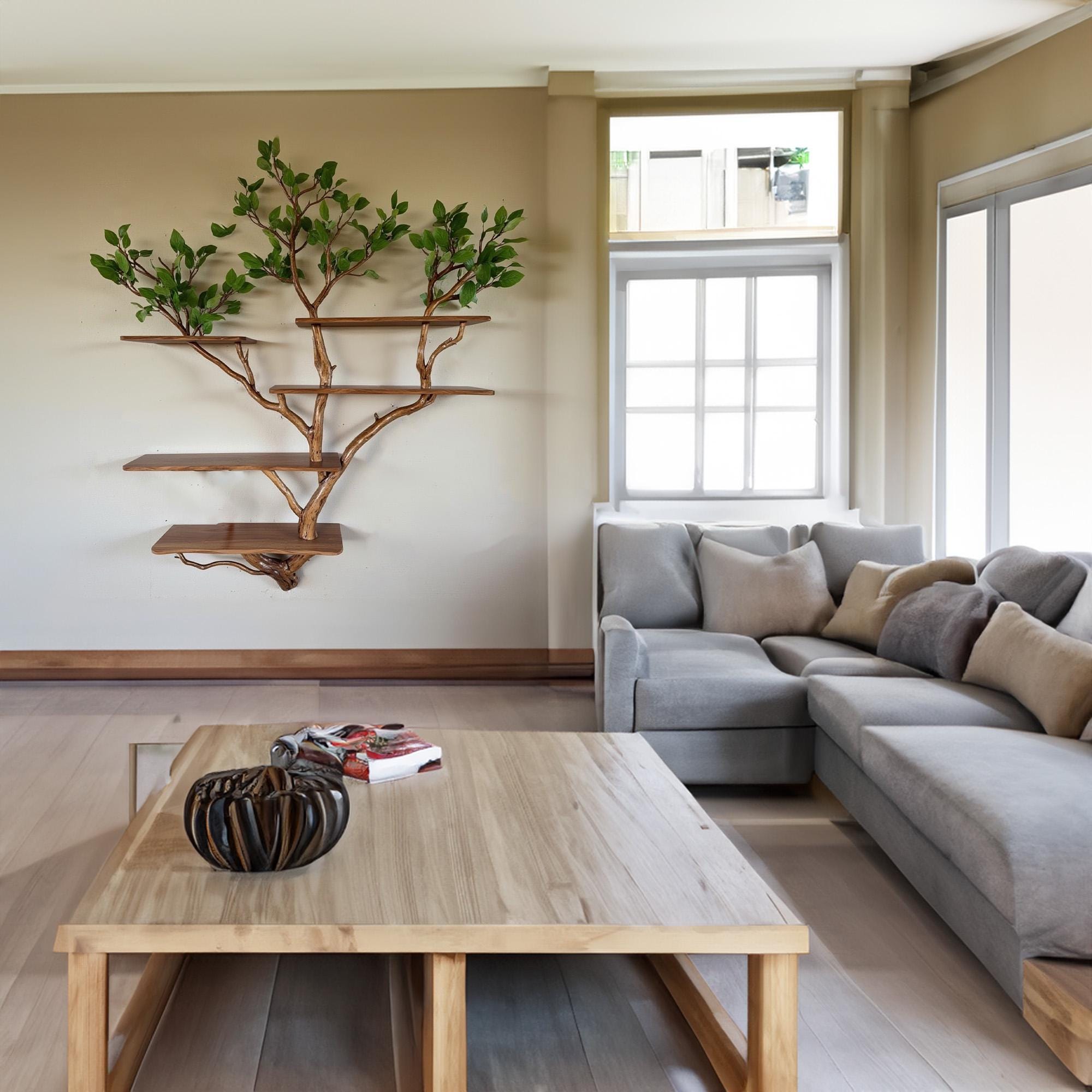 Natural driftwood tree branch floating bookshelf wall mount solid wood bookcase with fake leaf decor for home