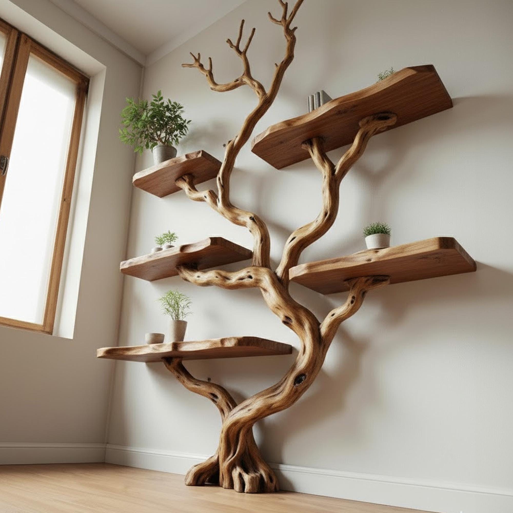 Driftwood tree branch bookshelf wood floating shelf solid wood bookcase home decor for living room