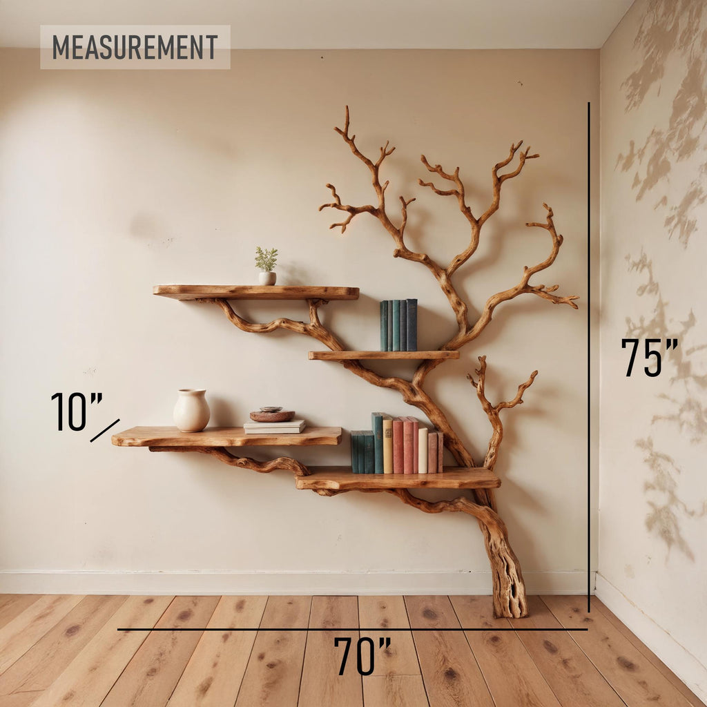 Tree branch bookshelf wall mounted bookcase art driftwood shelf solid wood bookshelves decor for living room