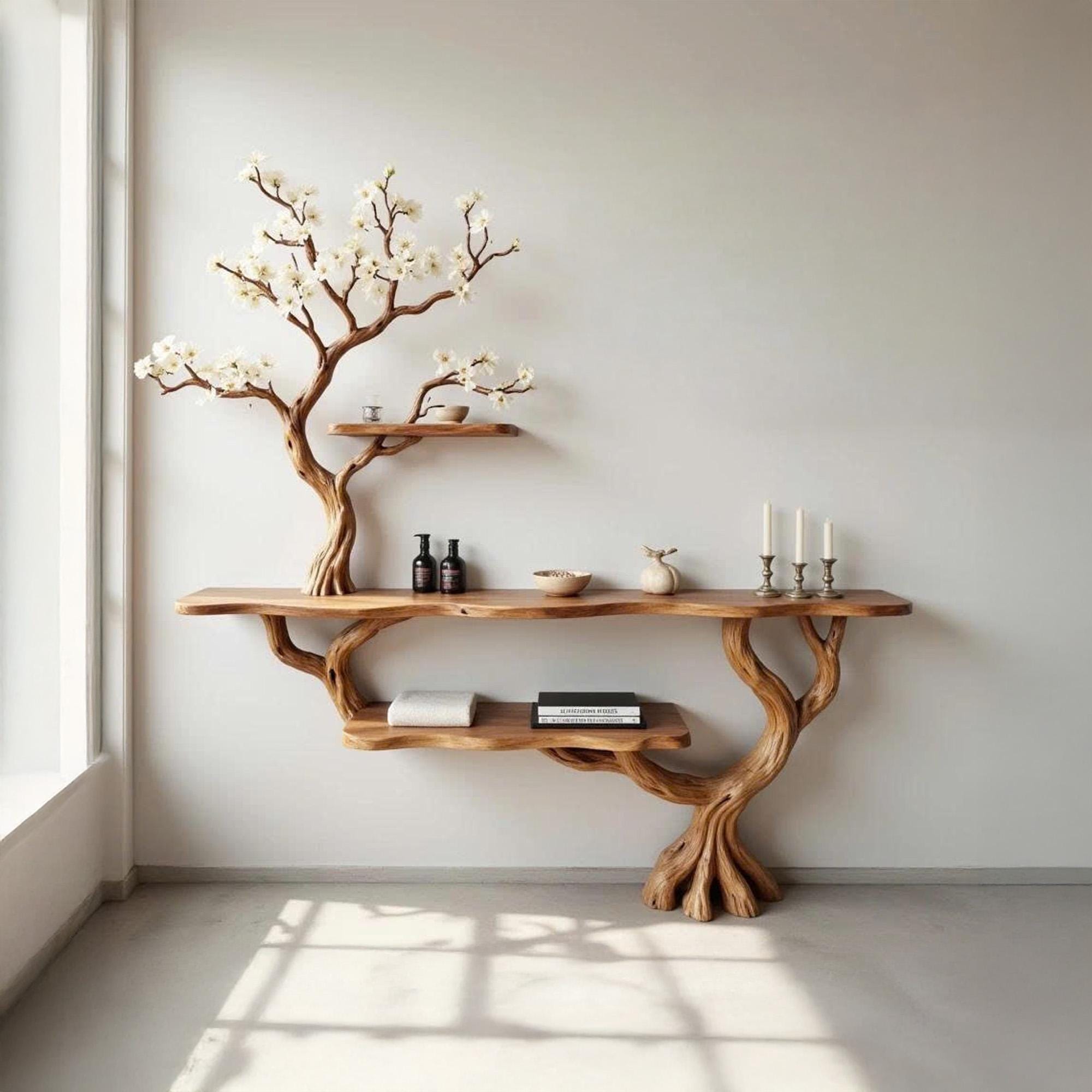 Driftwood console table tree branch entryway table narrow bookshelf display bookcase solid wood