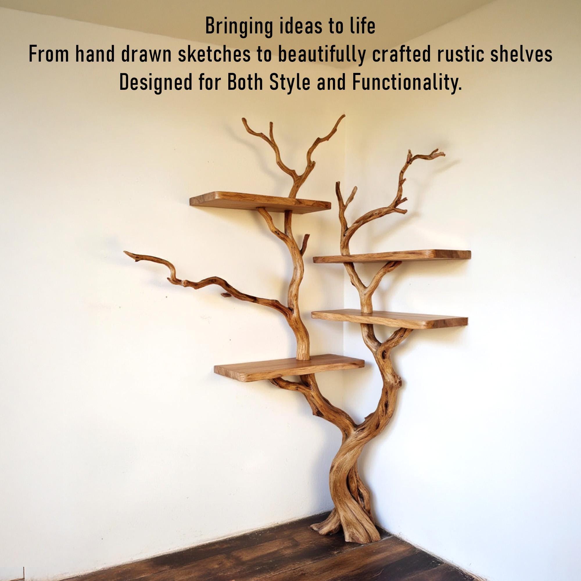 Corner tree floating bookshelf driftwood branch live edge corner tree shelf art wall mount rustic decor living room