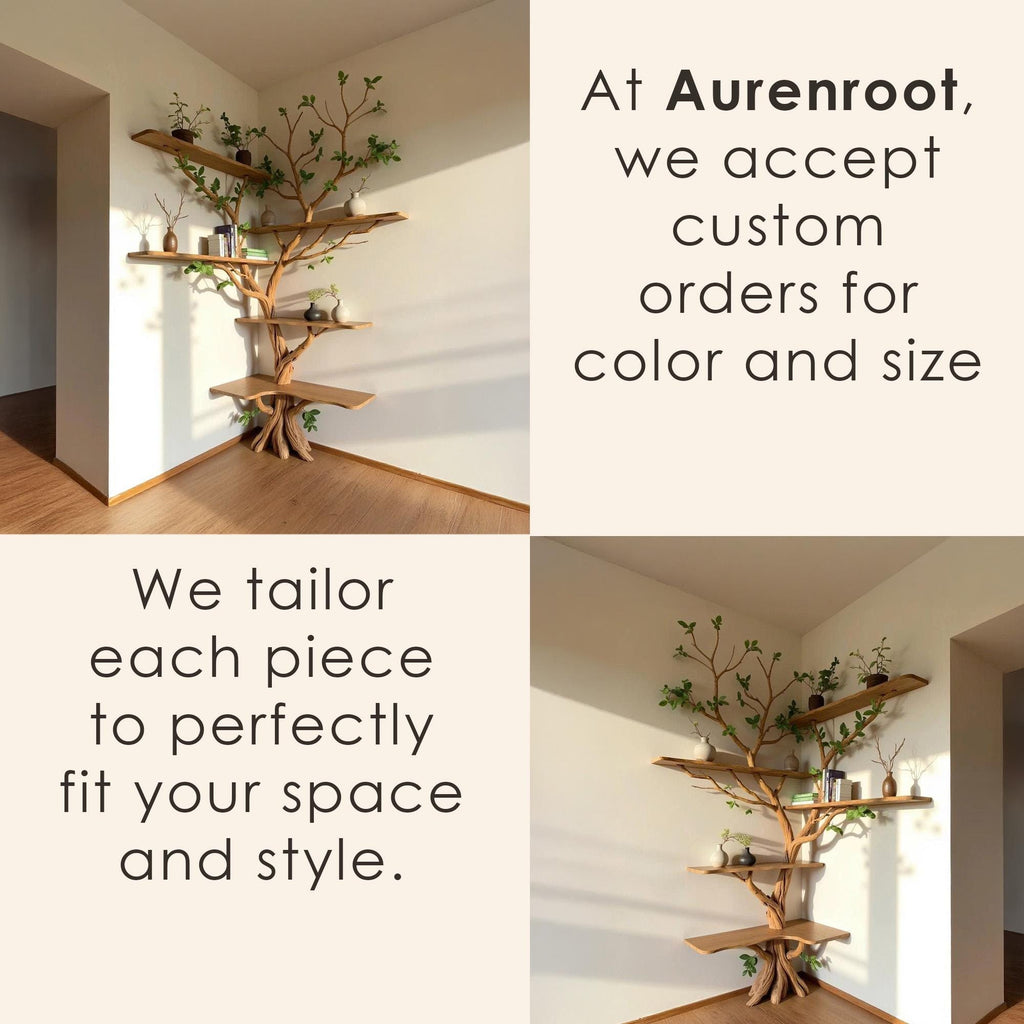 Driftwood branch corner bookshelf tree shelf solid wood bookcase home decor for living room