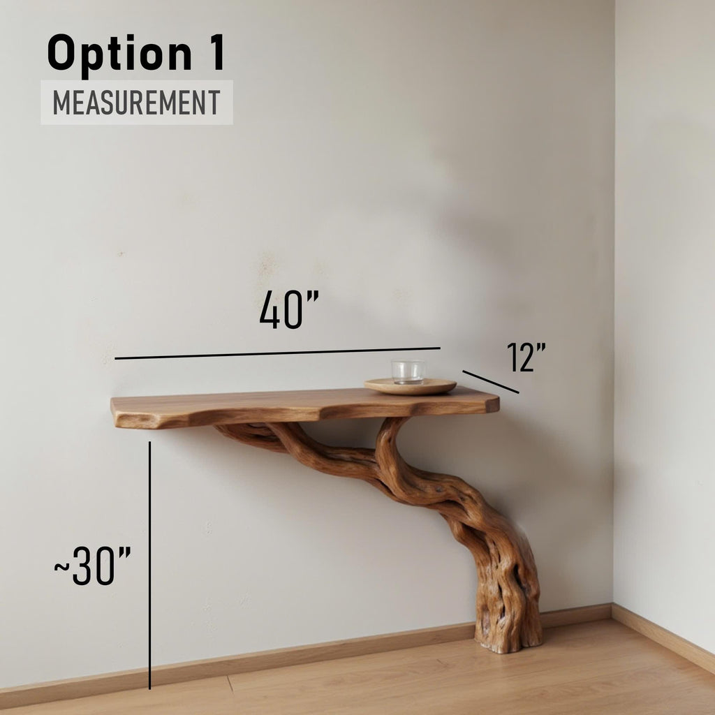 Driftwood console table tree branch shelf handmade rustic solid wood desk unique floating shelf entryway