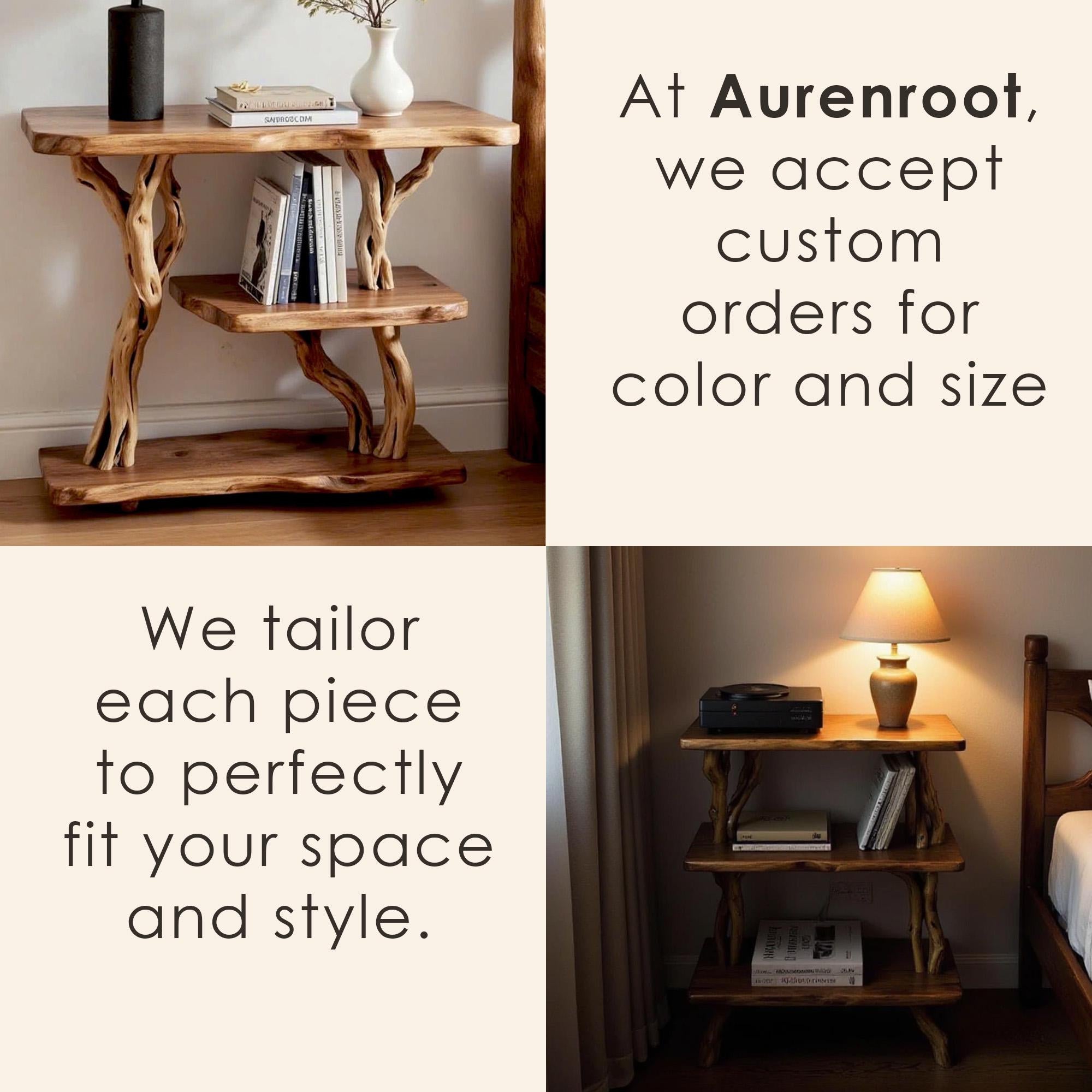 Solid wood bookcase nightstand free standing bookshelf tree branch driftwood plant stand rustic shelving handcrafted furniture