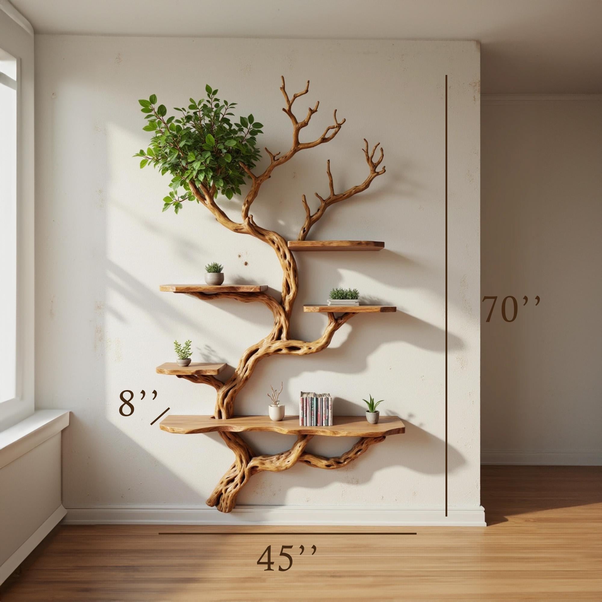 Driftwood floating bookshelf tree branch book shelf solid wood wall mounted shelves fake leaf bookcase decor